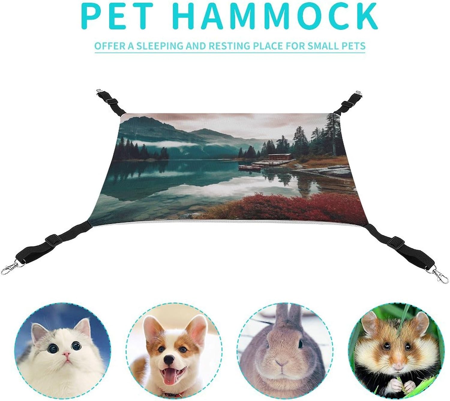 review Hanging Pet Hammock, Scenic Lake Printed Soft Breathable Pet Hammock with Adjustable Straps and Metal Hooks for Cats Small Dogs Rabbits Sugar Gliders