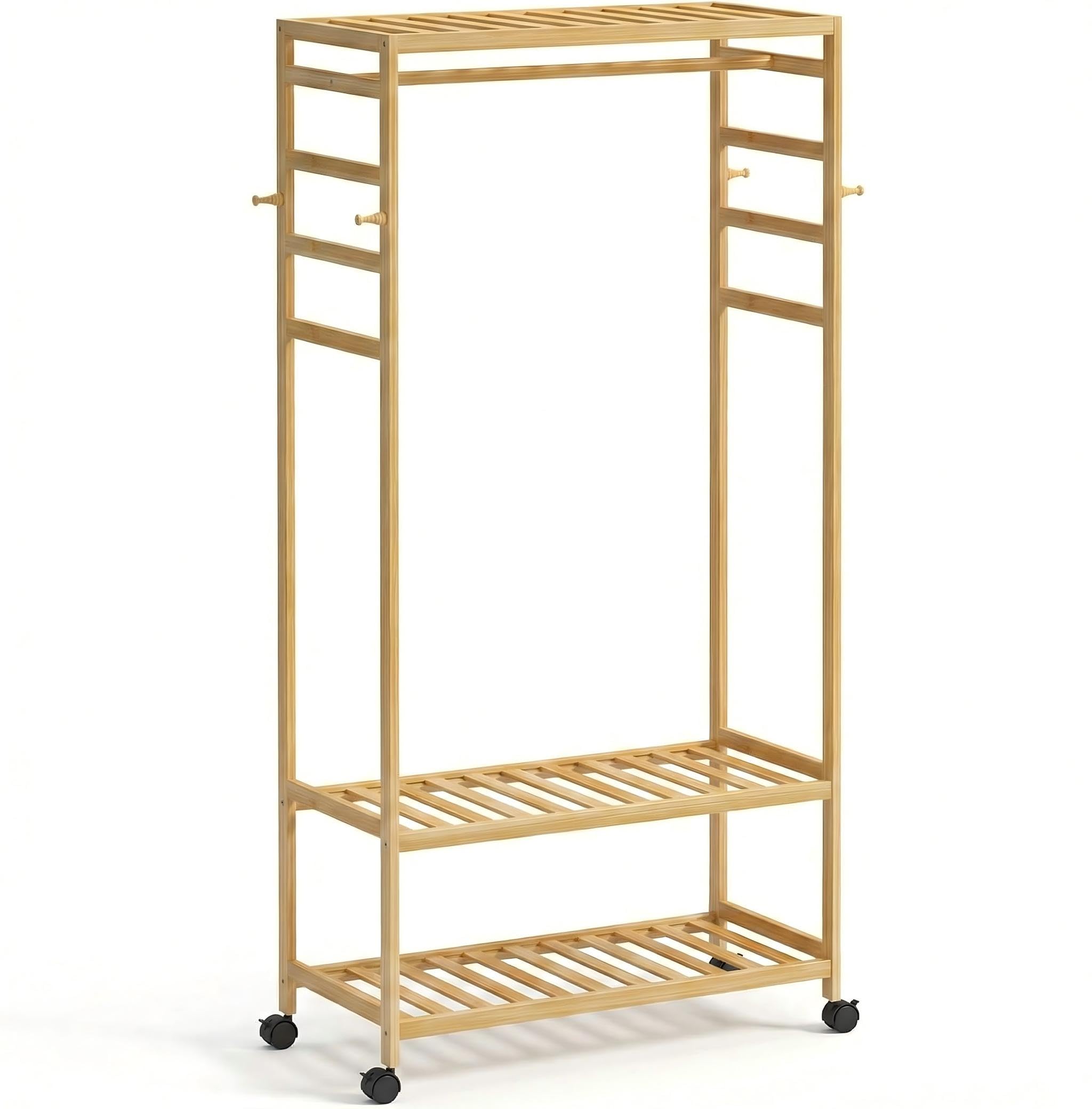 unho Armario Abierto con Ruedas, Perchero Burro de Madera Bambú Perchero de Pie con 2 Estantes y 4 Ganchos para Ropa Zapatos Bolsas para Dormitorio Entrada Salon 78 x 41 x 169 cm