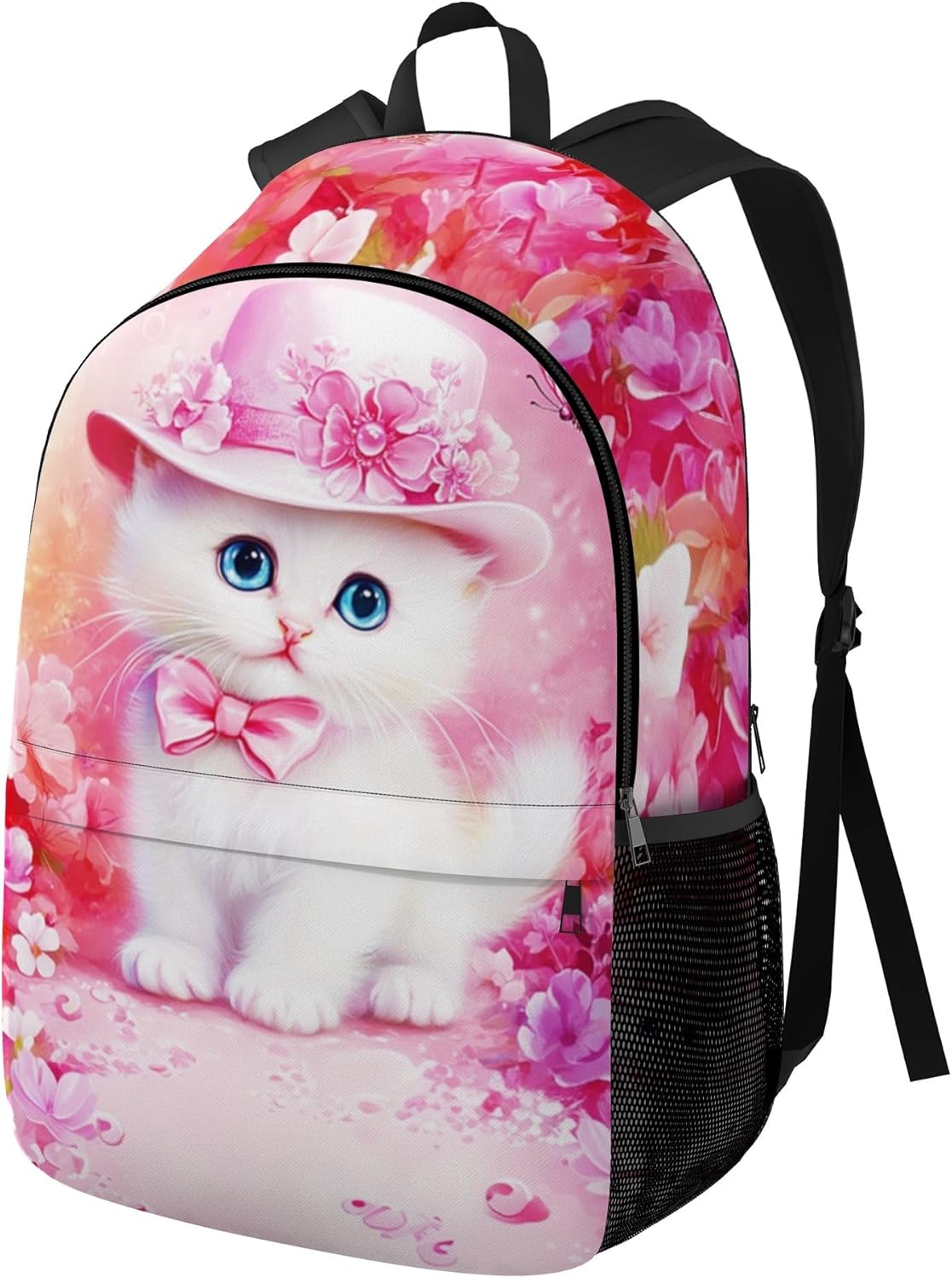 Personalized School Backpack for Girls 17" Custom White Cat Backpack Toddler Adjustable Shoulders Bookbag with Side Pocket Name Customized Daypack Schoolbag Water Bottle Lunch Bag Available