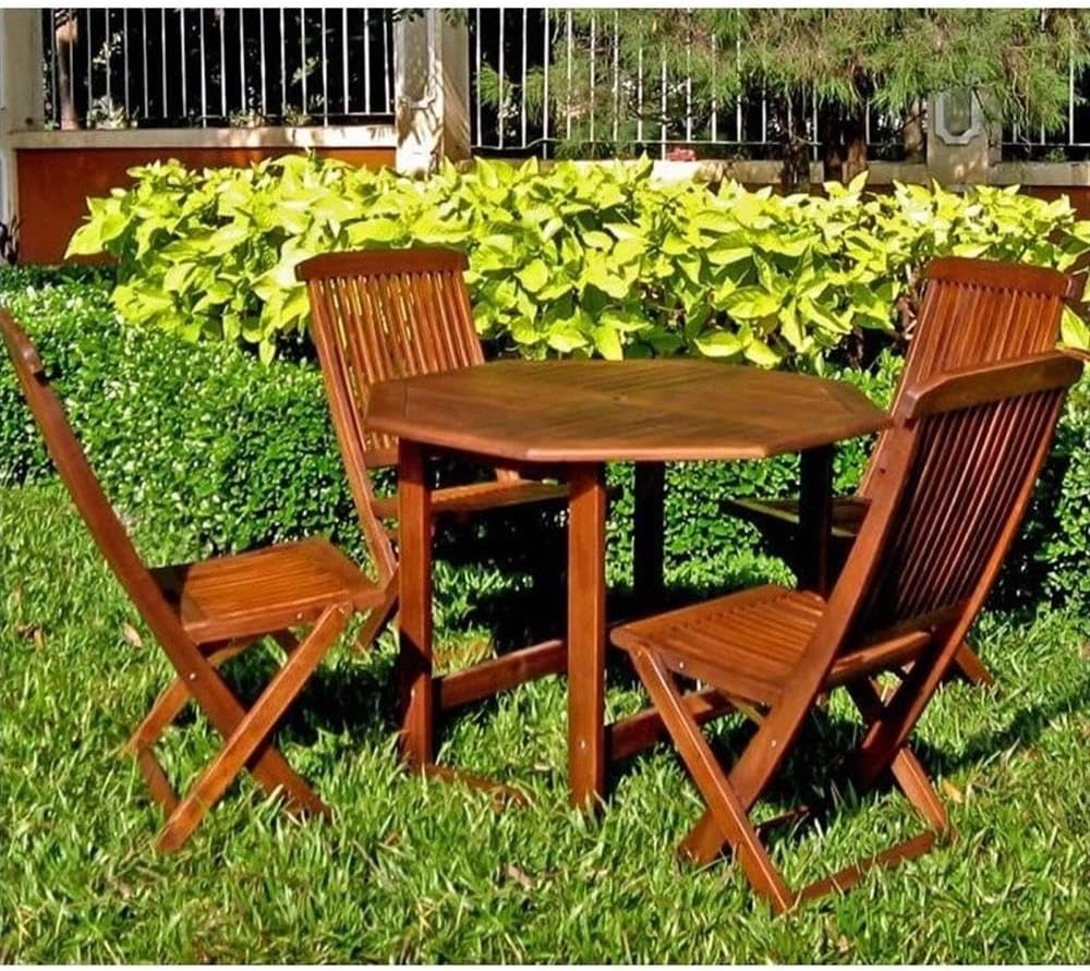 Pemberly Row 5 Piece Wood Patio Dining Set, Acacia Hardwood, All-Weather Finish, UV Protection, Folding Chairs and 38 in Round Table with Umbrella Hole, Outdoor Furniture for Backyard