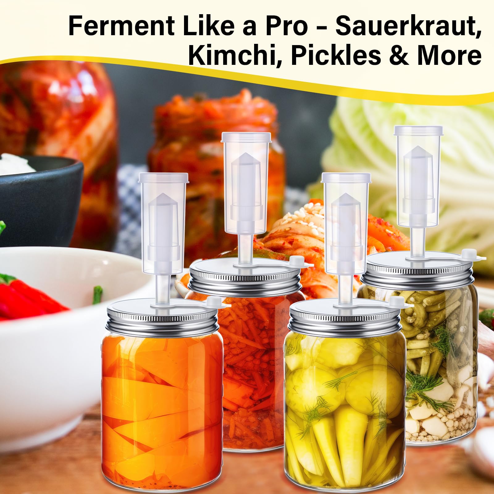 8-teiliges Fermentationsset für Einmachgläser mit breiter Öffnung, Sauerkraut-Set mit 8 Luftschlössern, 8 Gärdeckeln, 8 Glasgewichten, 8 Silikonringen und Ösen (Gläser nicht im Lieferumfang