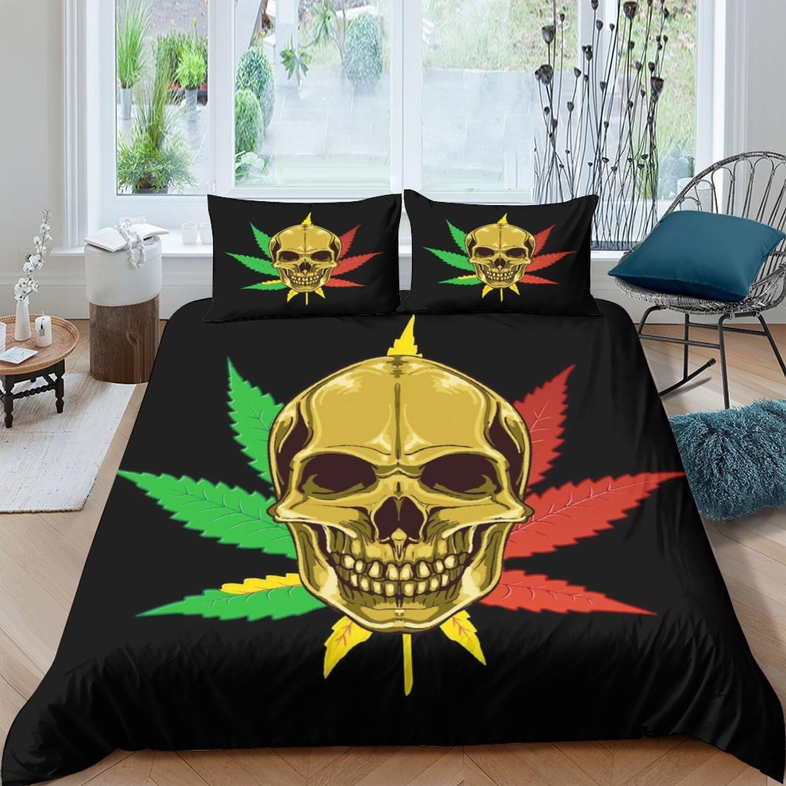 Ctjqhvkz Style-7 3D Printed Gold Skull Cannabis Leaf Fitted Sheet Microfiber Soft Black Red Green Bed Cover For Bedroom Dorm Mattress Decor Single（135X200cm）