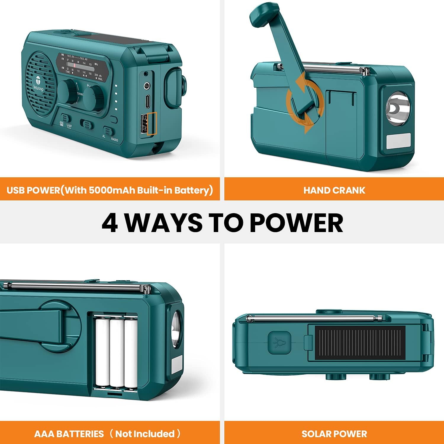 Weather Radio, TENROOP Upgraded 5000mAh Solar Hand Crank Emergency Radio for Hurricane, 4-Way Powered AM/FM/NOAA Weather Alert Portable Radio with Flashlight, Reading Lamp, Power Bank, SOS Alarm-Blue : Electronics