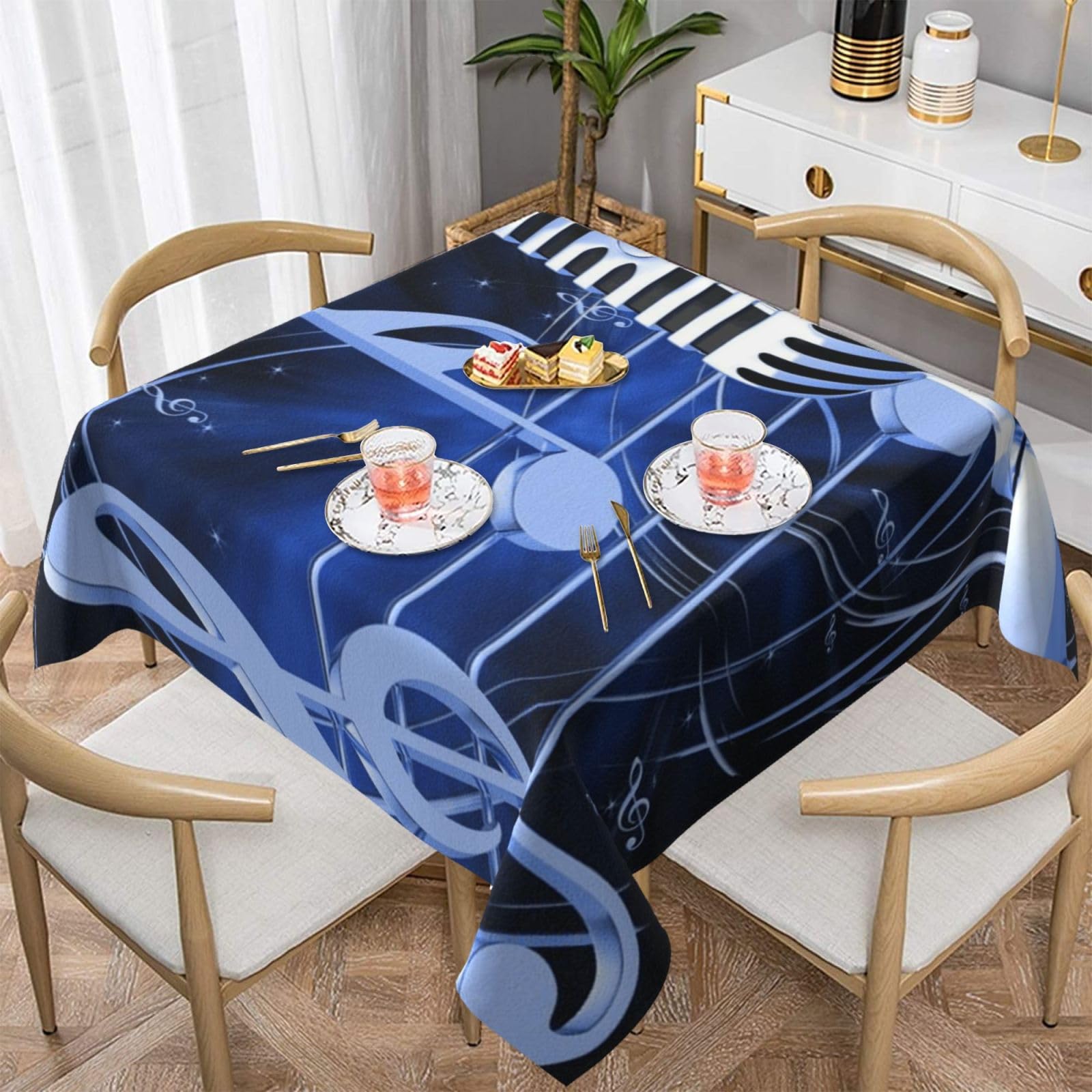 DCEHGEW Microphone with Music Notes Prints Square Tablecloth 152x152 CM, Waterproof Fabric Table Cloth for Dining Table, Farmhouse Table Cover for Kitchen Dining Tabletop Decoration