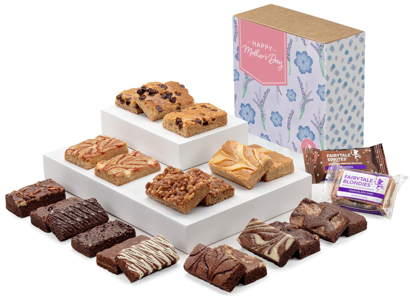 Fairytale Brownies Mother's Day Bar & Sprite Combo Individually Wrapped Gourmet Chocolate Food Gift Basket - 3 Inch x 1.5 Inch Snack-Size Brownies and 3 Inch x 2 Inch Blondies - 21 Pieces - Item CM382