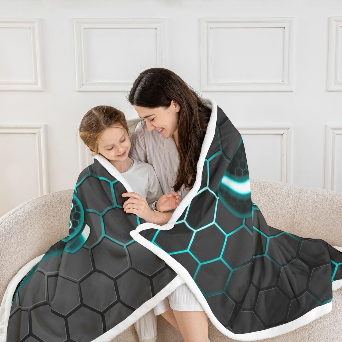 Erosebridal Teal Gamer Sherpa Blanket Gaming Twin 60"X80" Fleece Bed Blanket for Kids Boys Girls,Neon Turquoise Geometric Honeycomb Throw Blanket for Couch Sofa Video Game Flannel Blanket Soft Warm