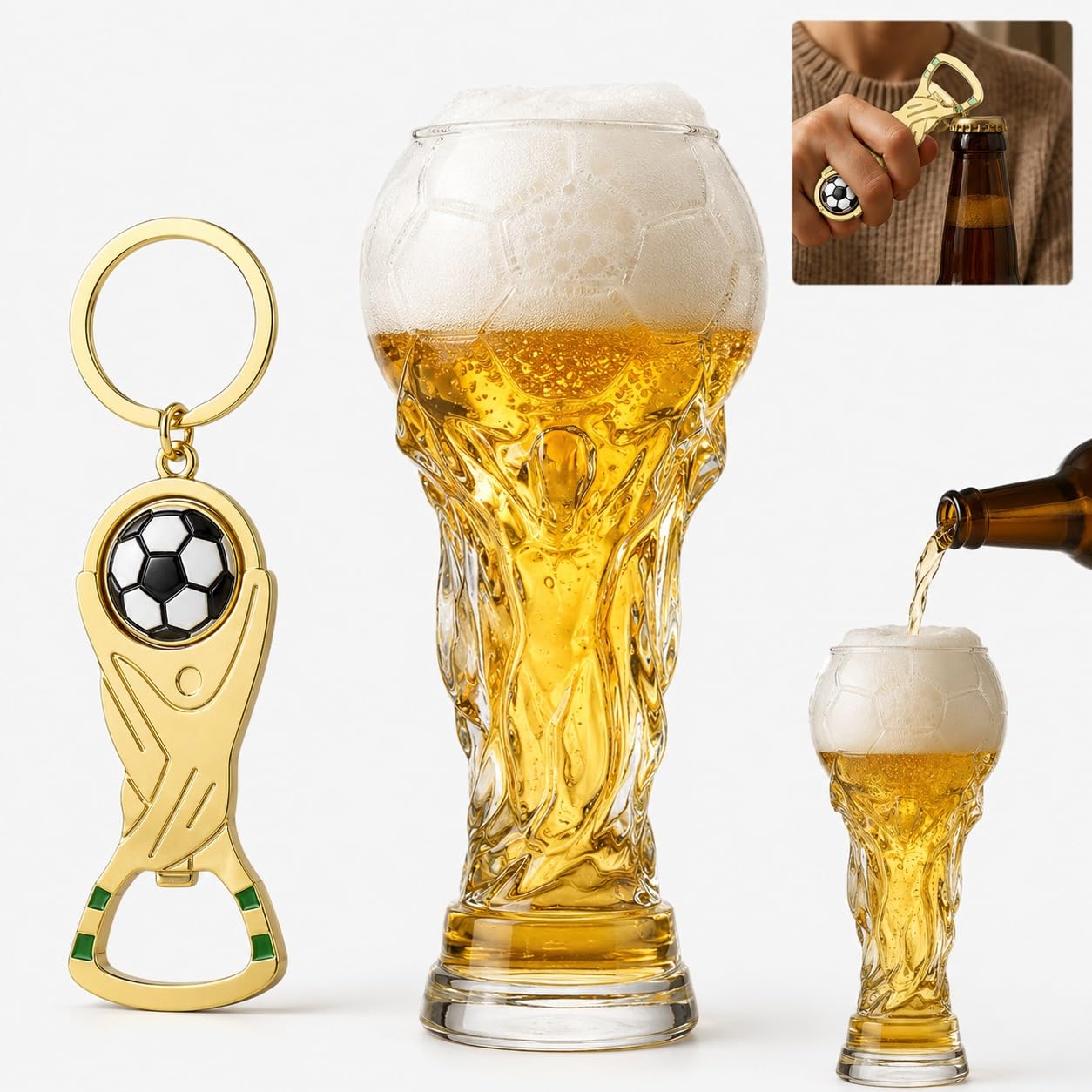 Lockenstab World Cup Trophy Style Beer Glass with Football Bottle Opener for 2026 World Cup, Large Beer Mug for Match Day Bar Watch Party, Gift for Men Dad Soccer Fans(Football Trophy Style - 600ml)