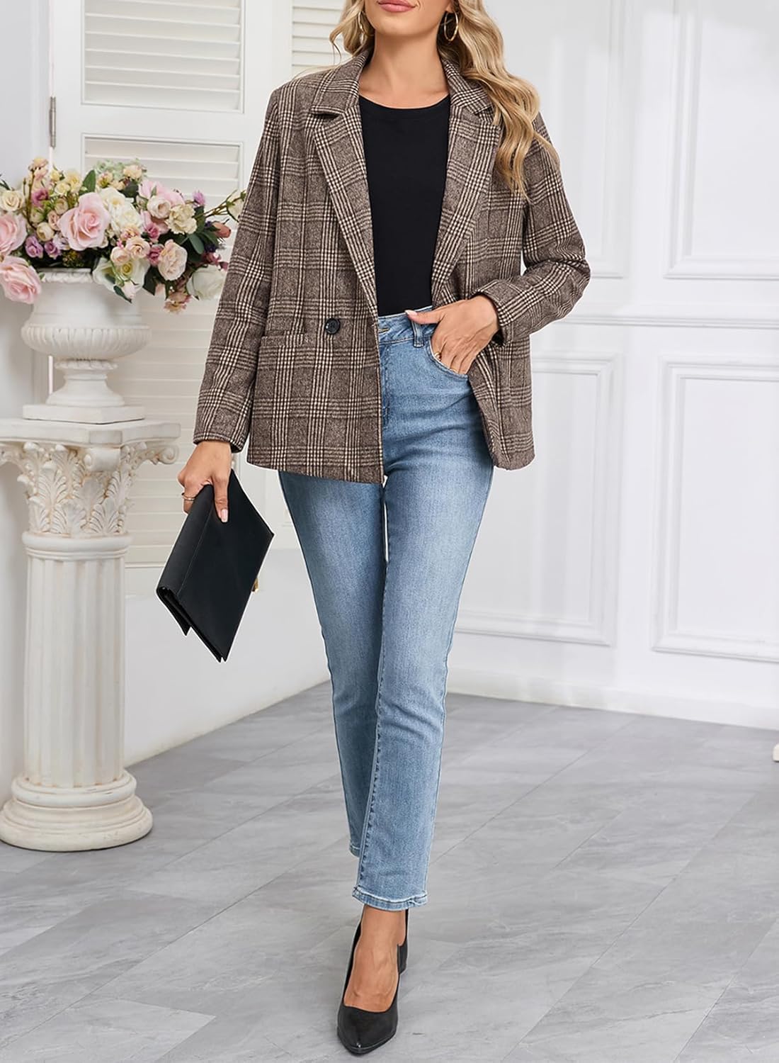 Happy Sailed Women’s Plaid Blazer Classic Lapel Collar Double Breasted Open Front Blazers Jackets Work Suit with Pockets - Image 5