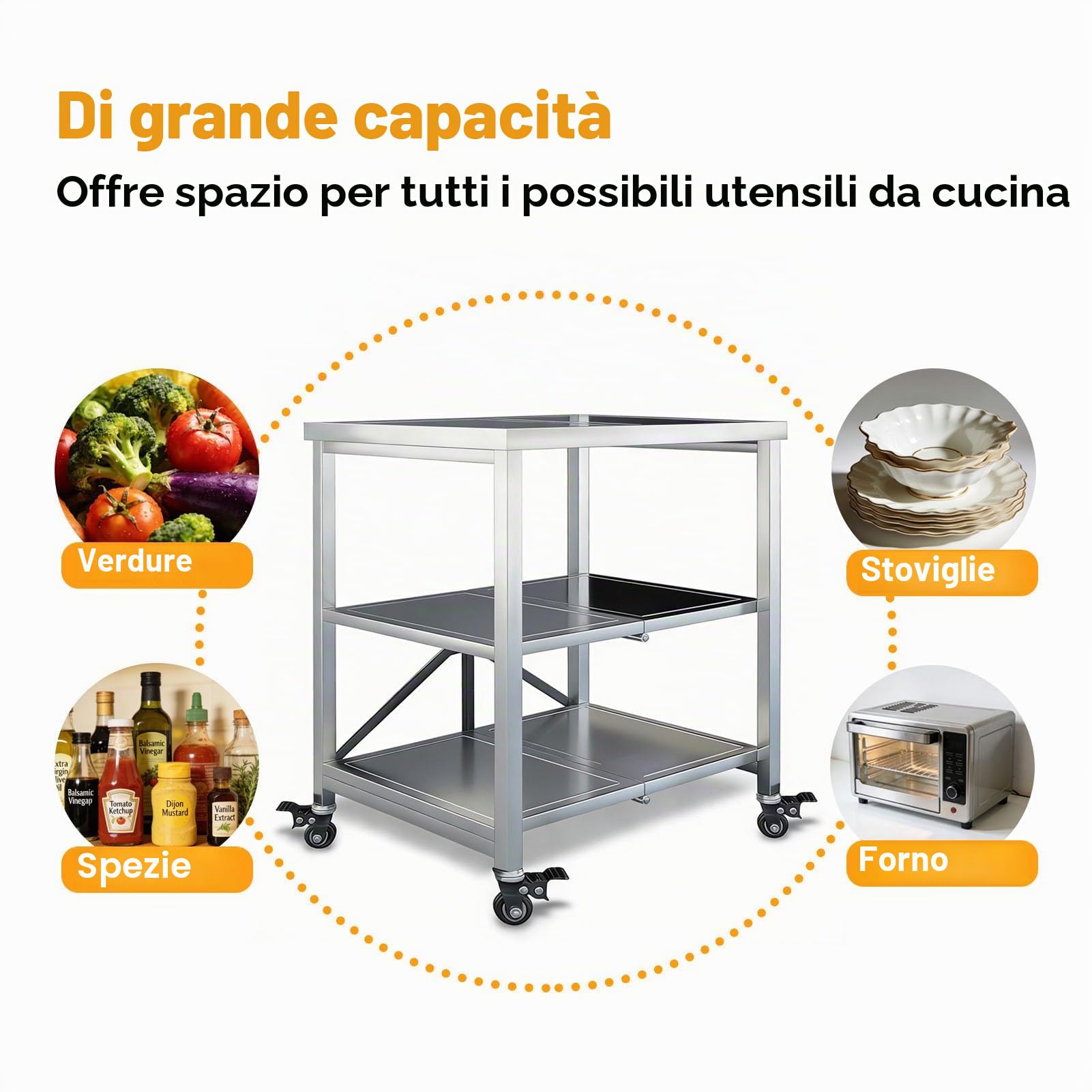 Carrello da Cucina, Mobiletto Carrelli da Portata 3 Ripiani Scaffale Microonde Metallo, 60x45x80cm Ripiegabile Scaffalatura Portaoggetti Servizio su Ruote per Ristorante Ufficio, Argento