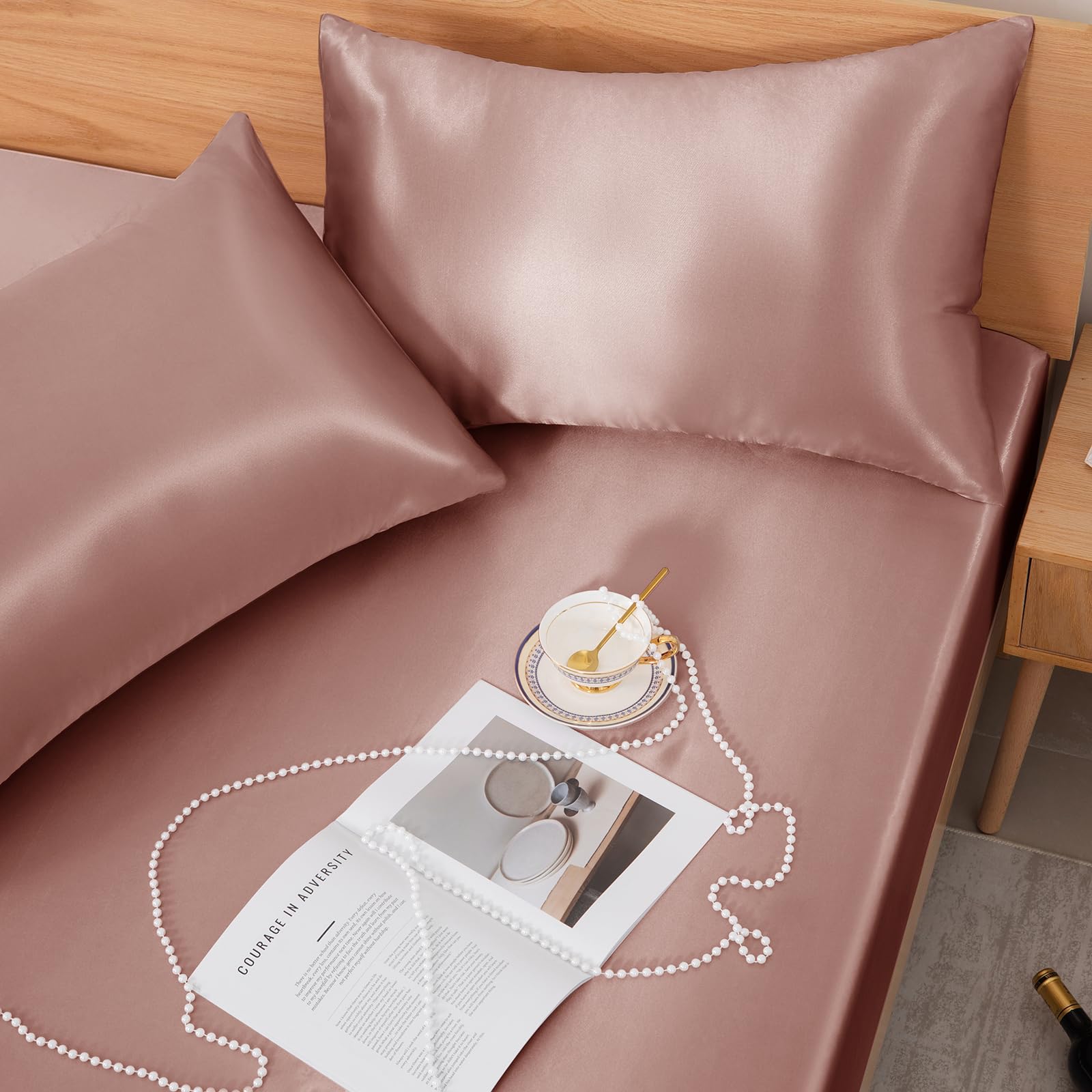 NSGZ Set di 3 lenzuola in raso con angoli e federe, per letto king size, con angoli profondi fino a 38 cm, color champagne, include 1 lenzuolo con angoli e 2 federe