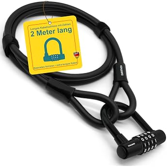 KOHLBURG Cable Lock 2 Metres Long with Combination   200 cm Combination Lock   Steel Cable Lock with Fasteners   Steel Cable with Combination Code for Bicycle Garden Furniture & Bicycle Lock