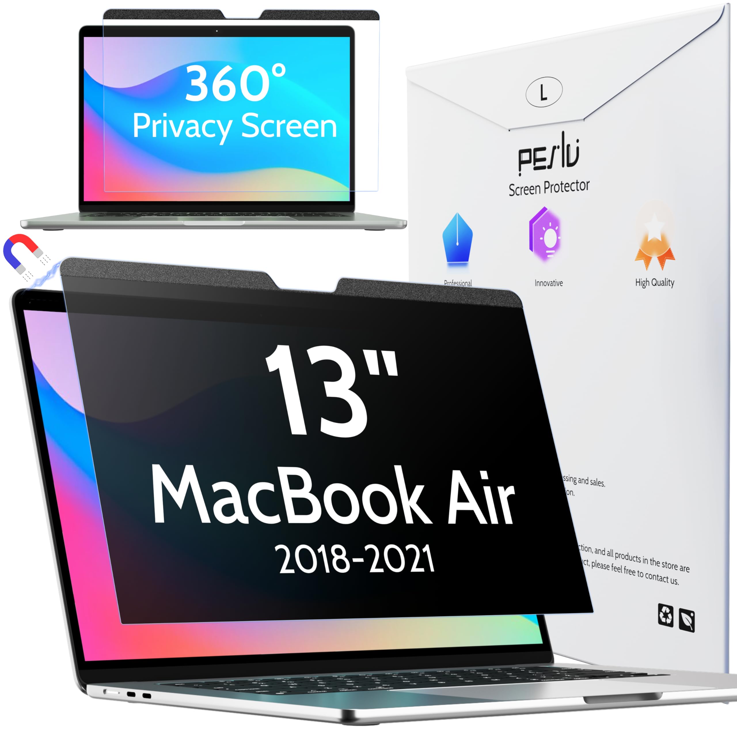 Photo 1 of Peslv Magnetic 360° Privacy Screen for Macbook Air 13 Inch (2018-2021, M1), Removable Matte Anti Glare Blue Light Protector 4 Way Private Security Filter for 13.3" Mac Laptop Computer