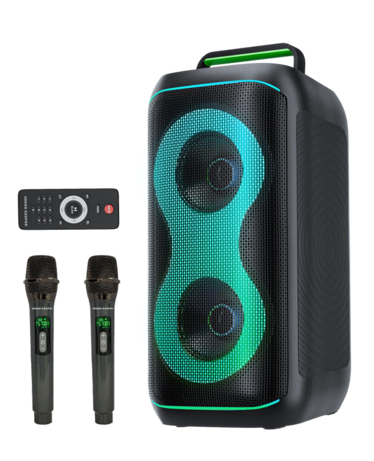 GKD61 Machine de Karaoké pour Adultes avec 2 Microphones UHF Sans Fil, 400W Puissance Crête, Enceinte Bluetooth Portable avec Deux Subwoofers de 6,5", Réglage Basses/Aigus, pour Intérieur et Extérieur