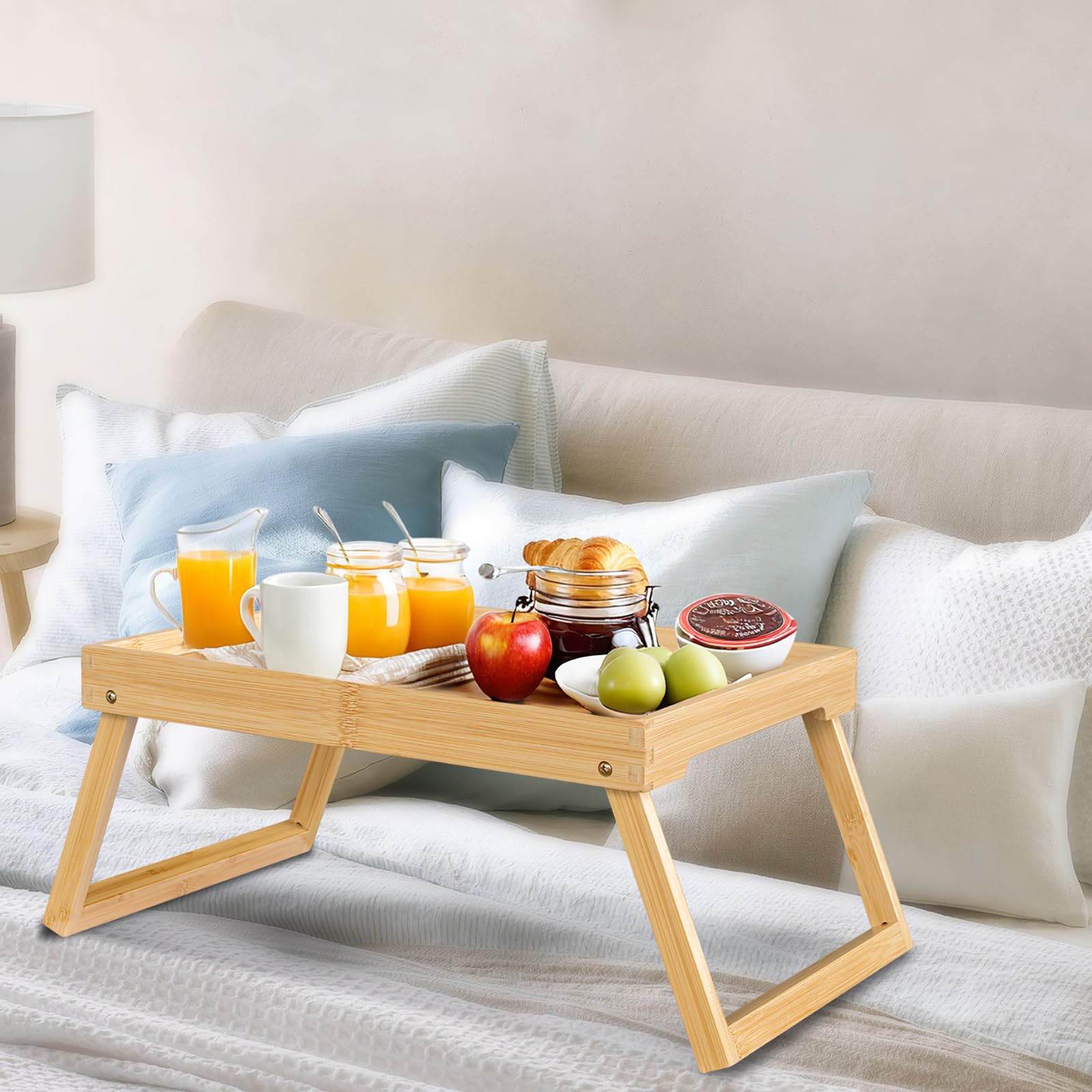 Vassoio da letto con gambe pieghevoli, in bambù, per colazione a letto, per mangiare, servire o da usare come vassoio per computer portatile (Beige)