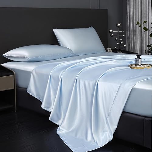 Miniatura 9 de Revdomfly juego de 3 sábanas de satén de tamaño individual de lujo, sedosas y suaves, color azul bebé, 1 sábana bajera premium de hasta 16 pulgadas