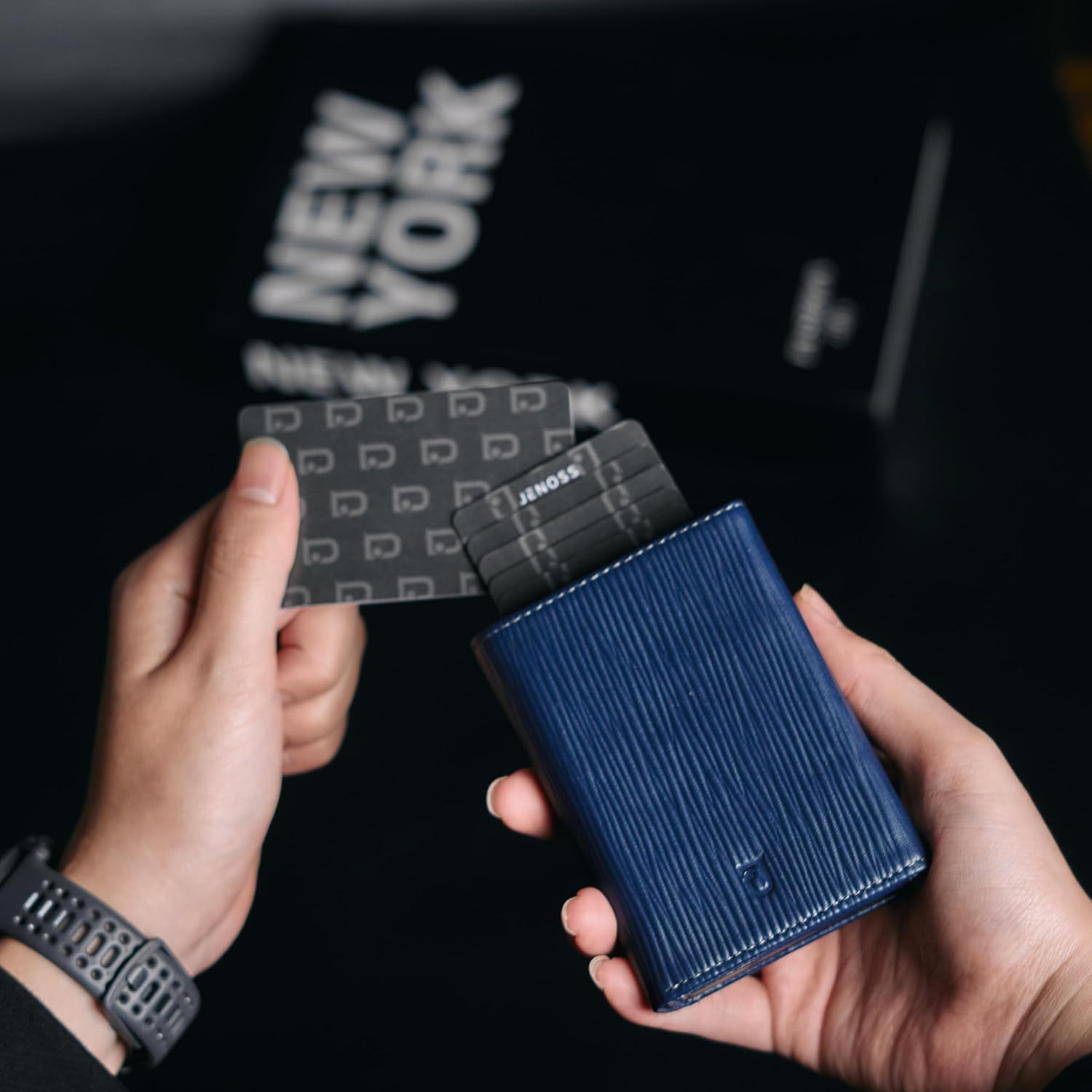 Jenoss Smart Wallet For Men: Full Grain Leather, Handcrafted, Slide Metal Pop Up Case, Slim RFID Blocking Credit Card Holder, Minimalist, Compact - 9-12 Card Organizers | ID | Money Clip (EPI Navy) - Image 7