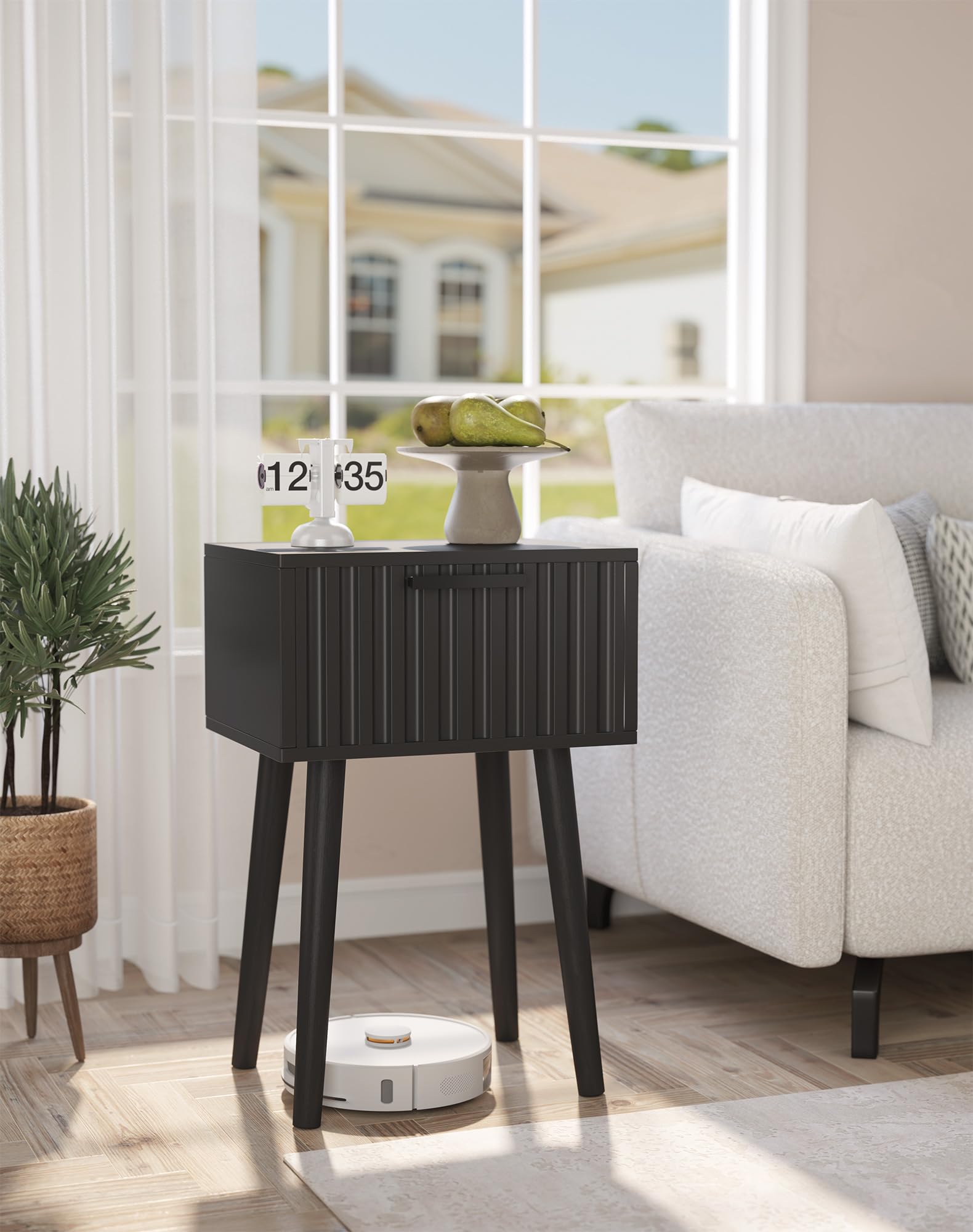 YMYNY Nachttisch 2er Set, Beistelltisch, Nachtschrank, Magnetschublade mit geriffelten Fronten, Massivholz Beinen, Modern, Couchtisch für Schlafzimmer Wohnzimmer, Schwarz HST014B-2