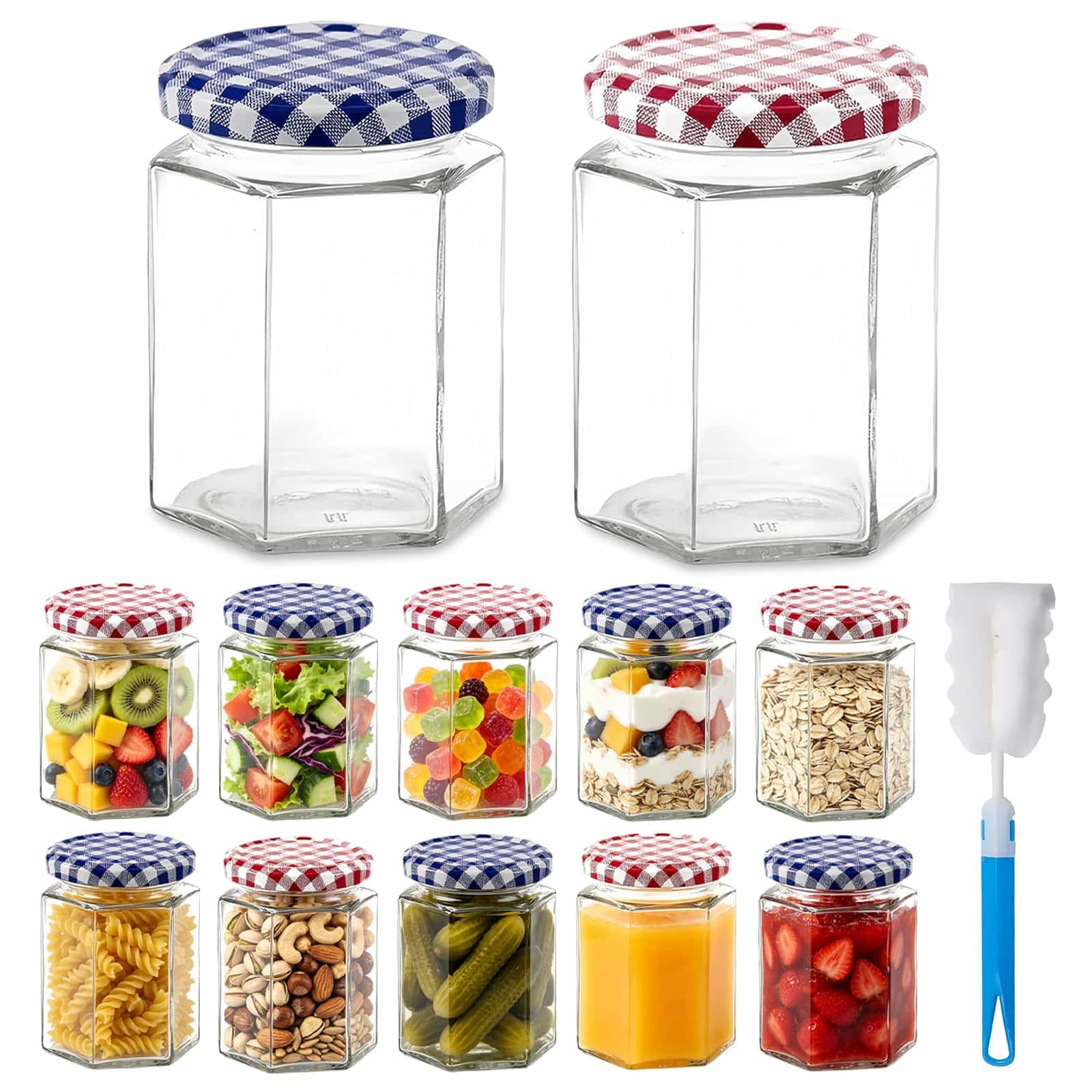 Dyuee 12 Glass Jam Jars Pack Hexagonal Storage Glass Jars With Screw Top Red And Blue Gingham Lids 280Ml / 9Oz Clear Airtight Preserving Glass Jars With Brush, For Marmalade Honey Spices Pickle Chutney