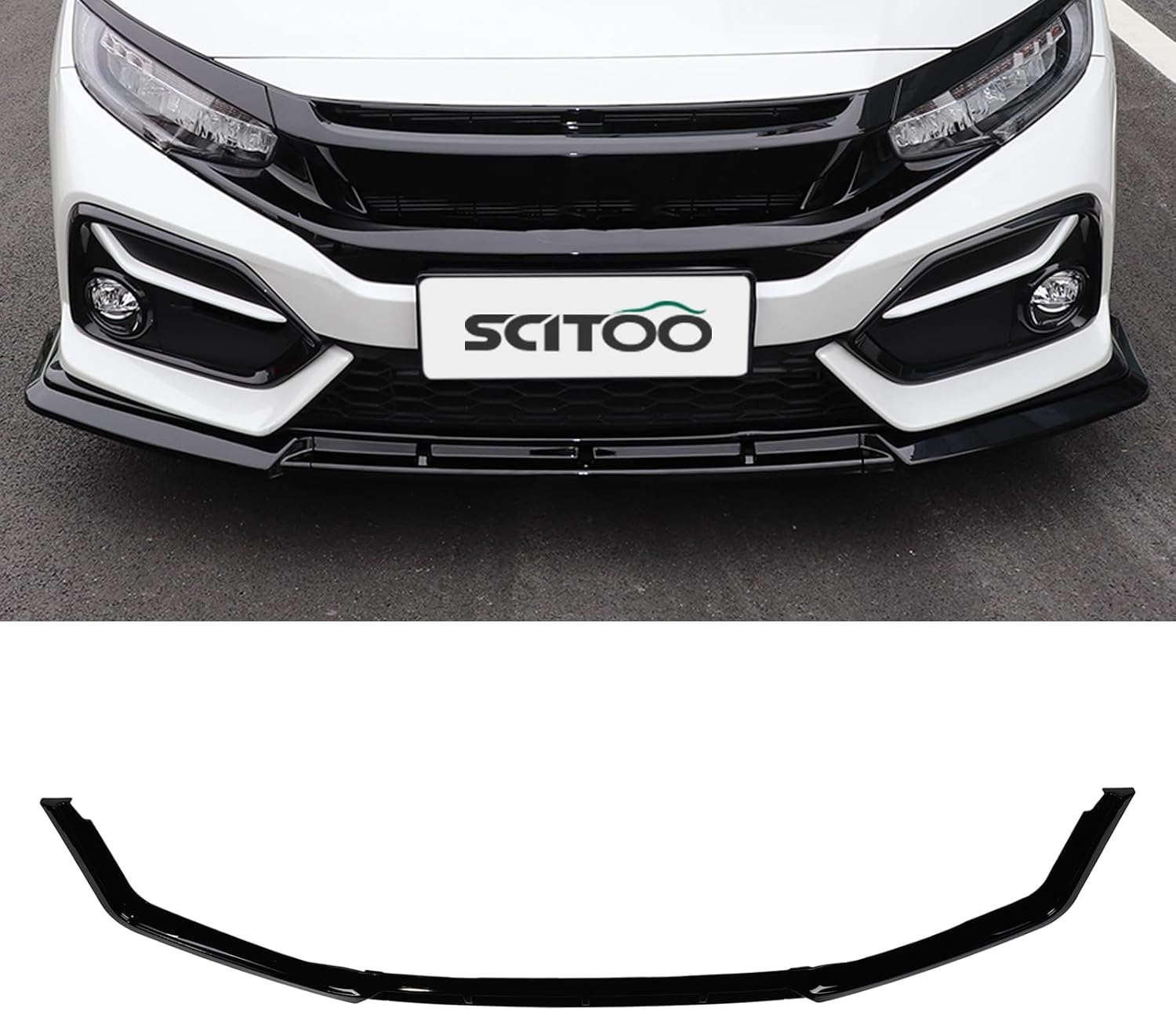SCITOO Glossy Black PP Front Bumper Lip Chin Spoiler Fit for 2016-2021 for Honda Civic Hatchback & Si