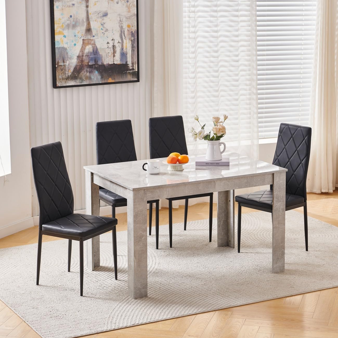 Homullel 120cm Glossing Dining Table and 4 Chairs, 4 Seater Kitchen Table and Chairs Set for Space Saving, Compact Dining Room Set for 4, 120x80 cm, Wooden, Beton Grey (4 Seaters, PU Black#2) โ image 1