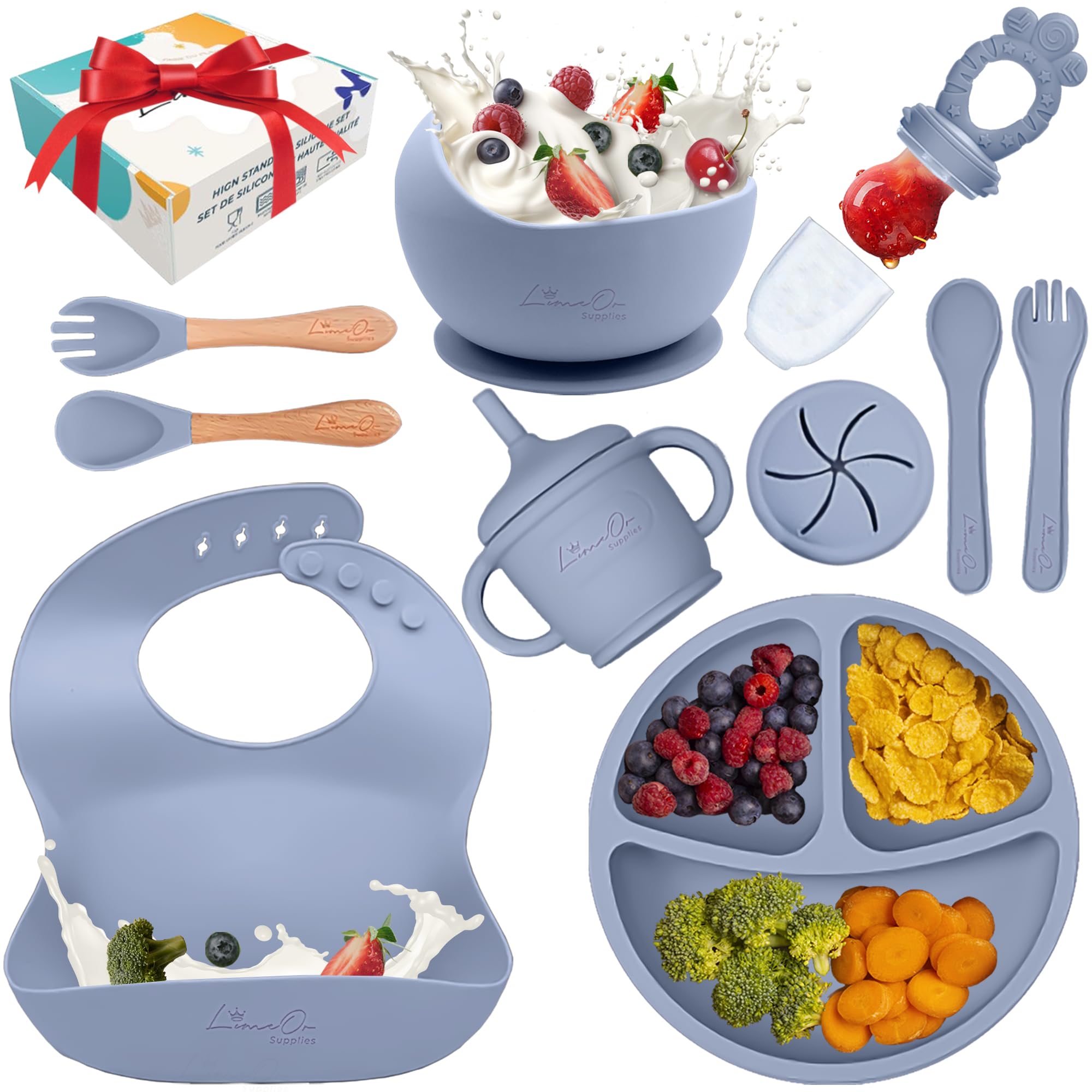 Juego de 10 piezas de alimentación de silicona para bebés, suministros de destete dirigidos por bebés, juego de platos y tazones para niños pequeños, babero, taza, cucharas, tenedores, libre de BPA, fácil de limpiar, potencie la independencia con LimOr Gray