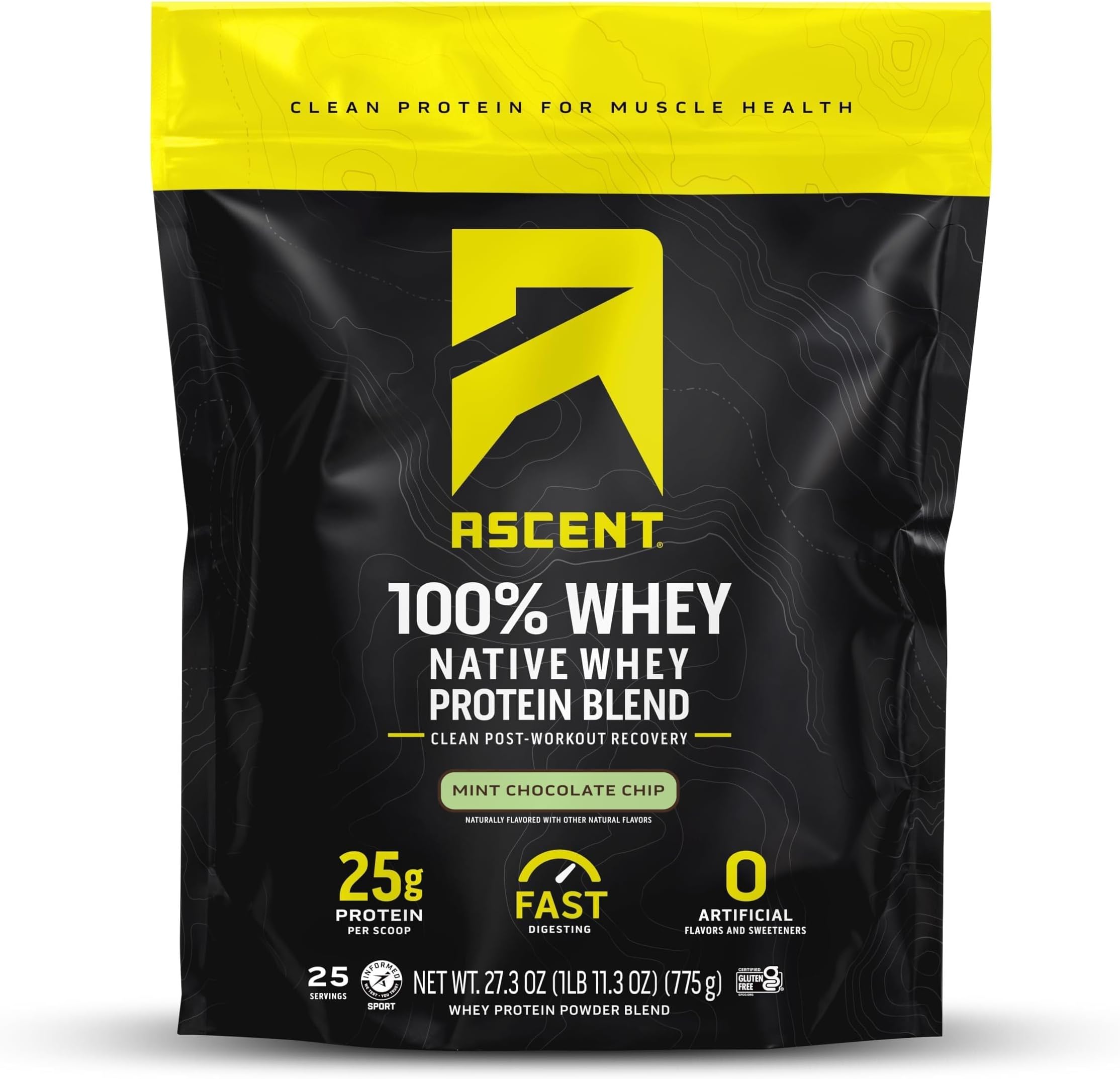 Ascent 100% Whey Protein Powder - Post Workout Whey Protein Isolate, Zero Artificial Flavors & Sweeteners, Gluten Free, 5.5g BCAA, 2.6g Leucine, Military Exclusive, Mint Chocolate Chip 1.7 lb