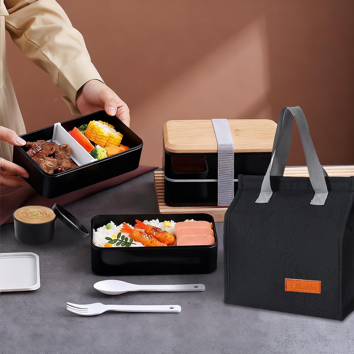 Porta Pranzo Set, 1400 ml Lunch Box con Borsa Termica e Posate, Schiscetta Portapranzo Ermetico per Microonde e Lavastoviglie, Bento Box per Lavoro Picnic Ufficio (Nero)