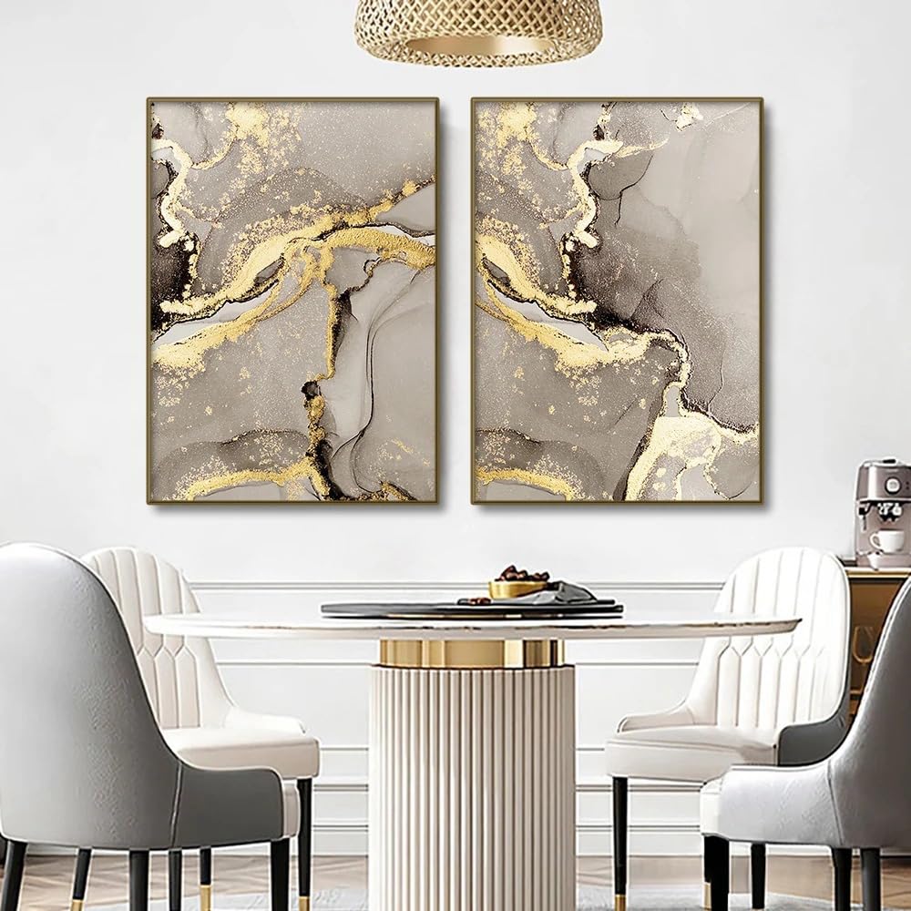 Lot 3 Toiles Abstraites Beige Doré - Posters Marbre Moderne Pour Salon Sans Cadre 50x70cm