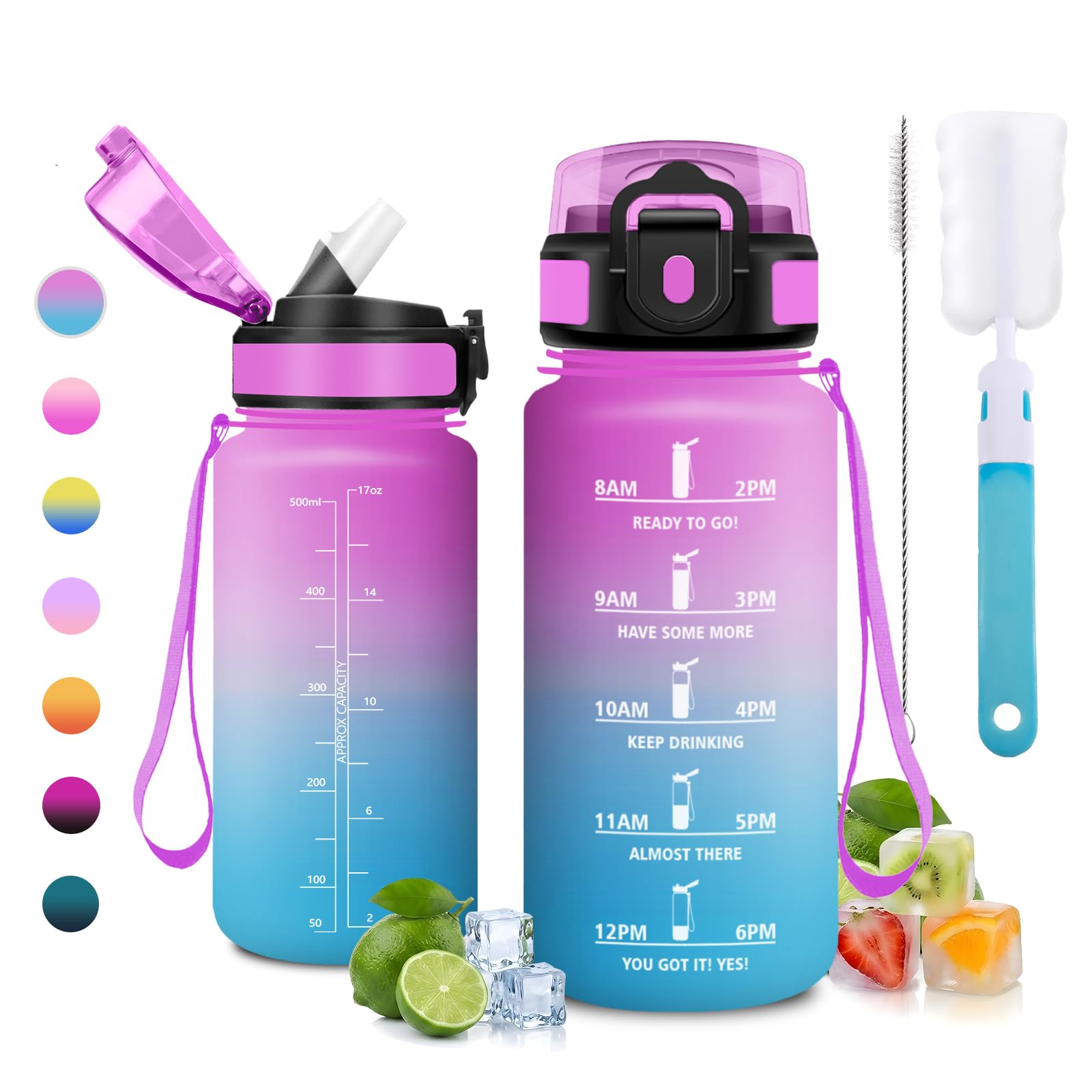 JAPORIA 500ml Water Bottle Leak Proof Drinking Bottle with Straw Water Bottle with Time Markers Reusable Water Bottles for Office, Yoga, School