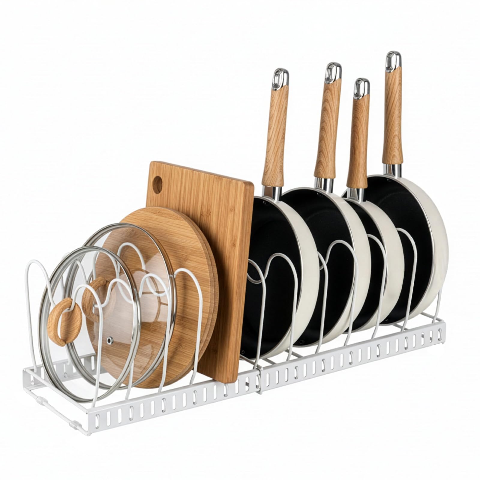 CROWNSHOP Pans Organiser Rack Expandable Pots and Pans Holder with Adjustable Compartment for Kitchen Storage Organisation (White)