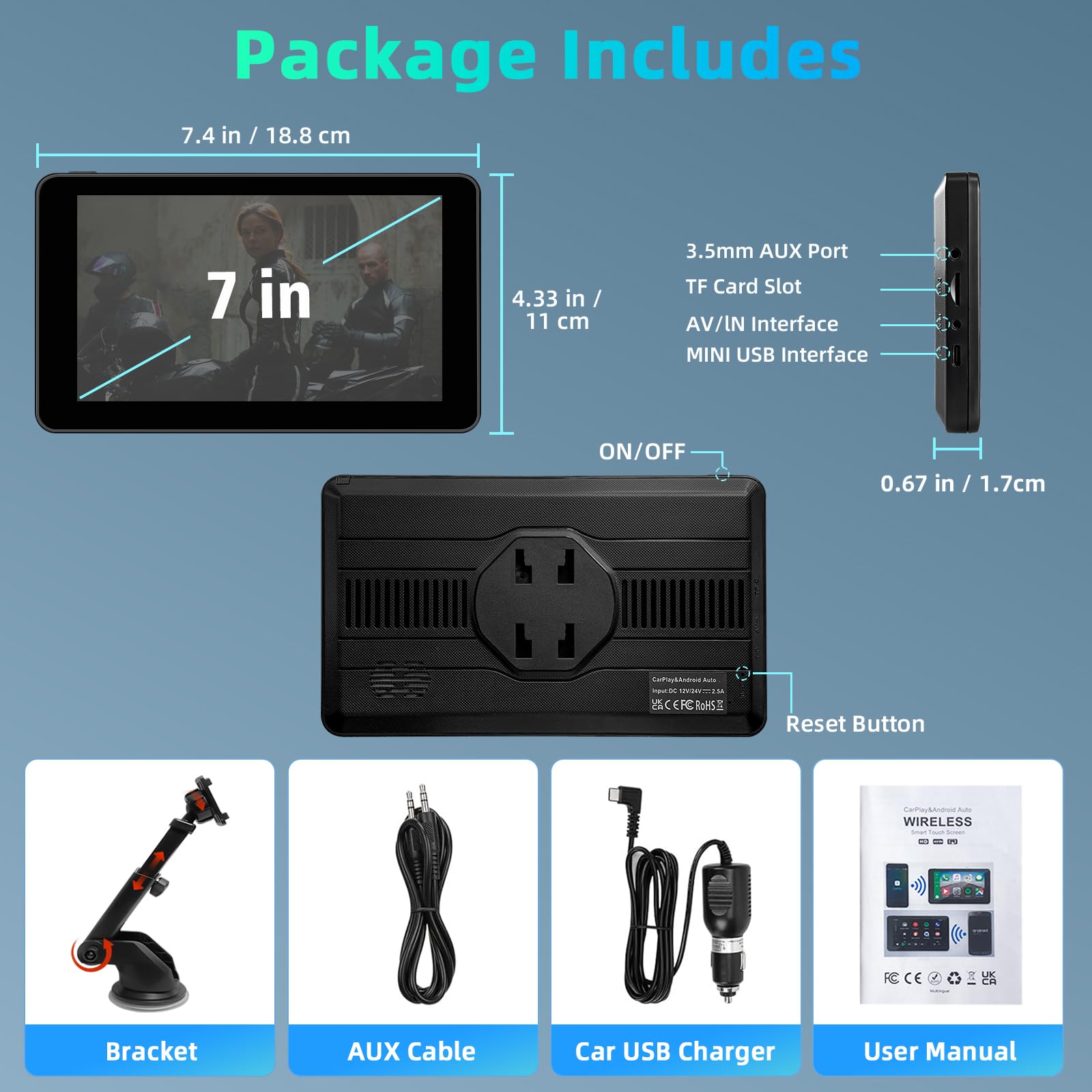 7 Pulgadas Pantalla Táctil Pantalla para Coche con Carplay Android Auto Inalámbrica, Enlace Espejo, Navegación, Siri, FM, AUX, Bluetooth 5.2,Airplay, Lectura de vídeo, Navegación GPS