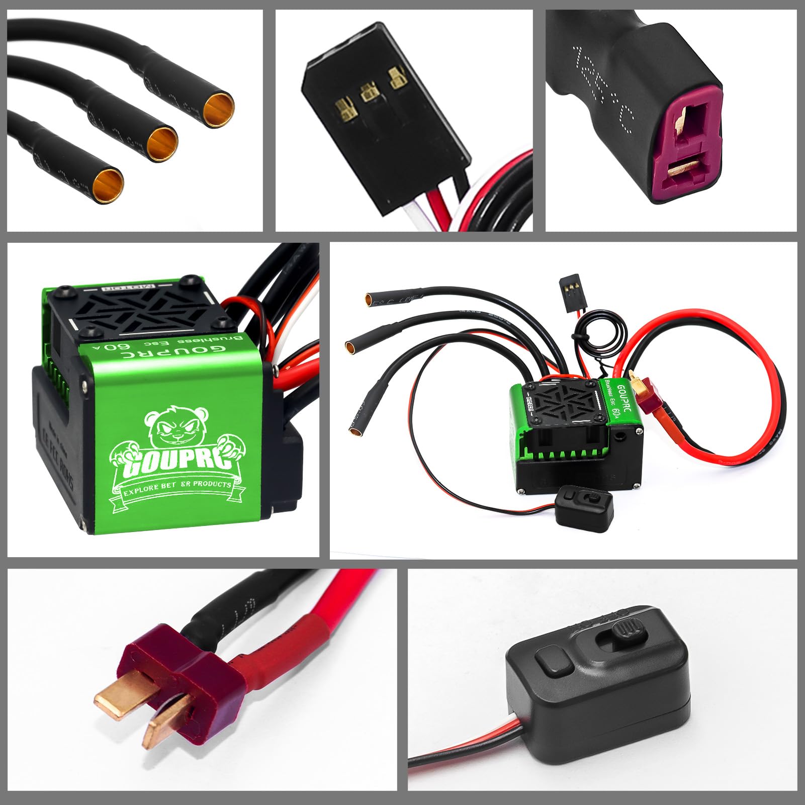 GOUPRC Contrôleur de vitesse électrique 60 A sans balais RC ESC 2-3S étanche pour accessoires à l'échelle 1/10 RC Camion tout-terrain Buggy Monster Truck Voiture