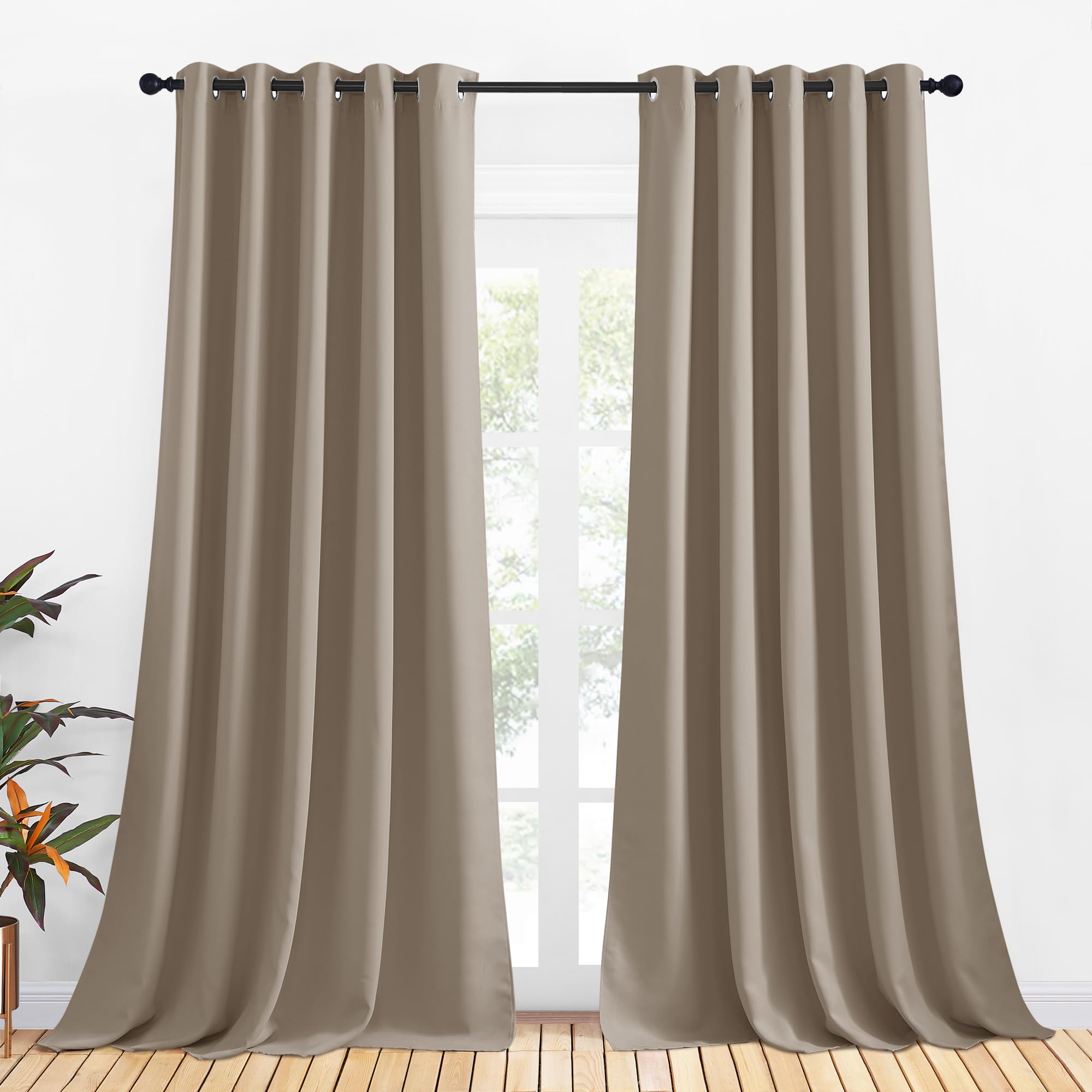 NICETOWN Bedroom Curtains Blackout Drapery Panels, 2 Panels, 70 x 108 inches, Taupe, Three Pass Microfiber Thermal Insulated Solid Ring Top Blackout Window Curtains/Drapes
