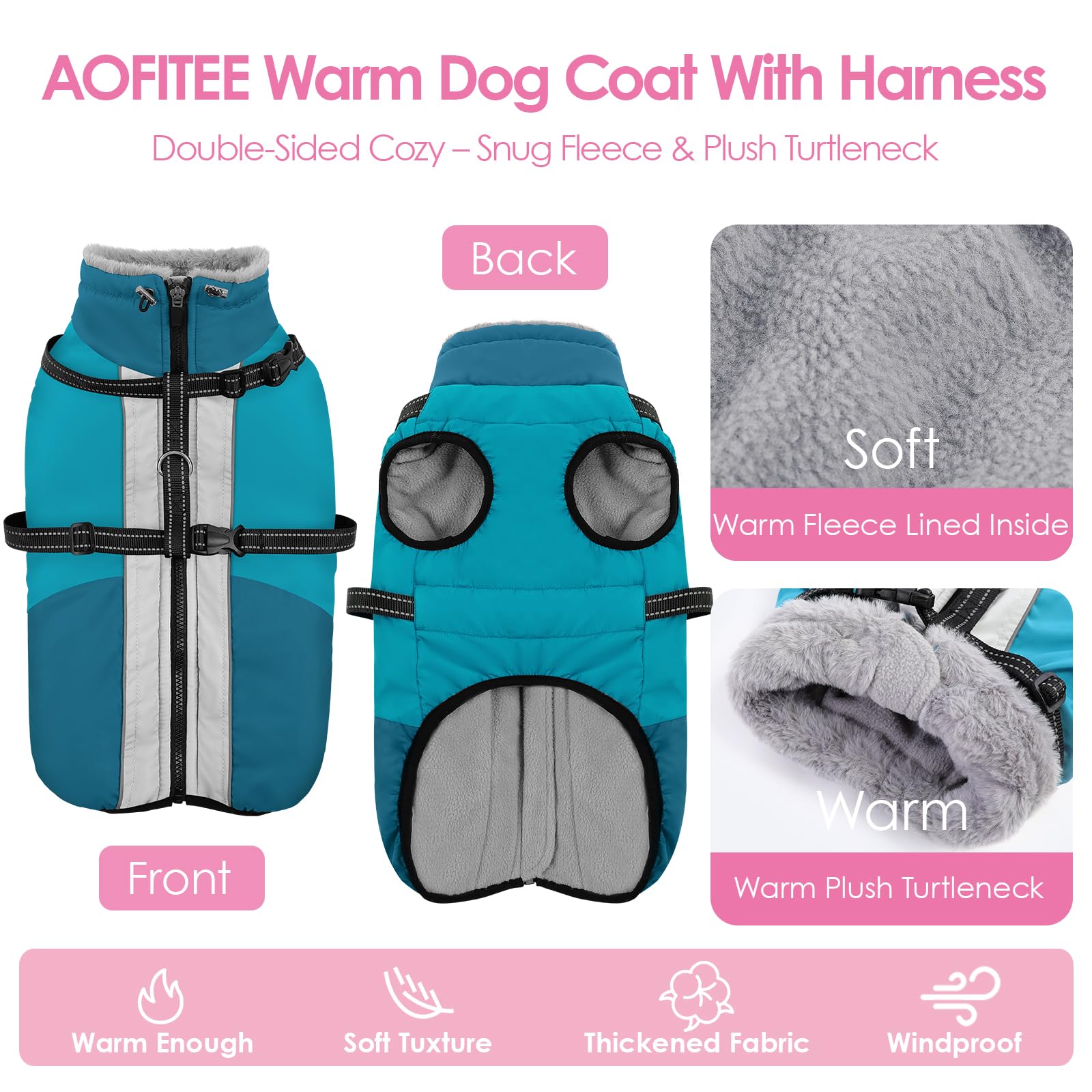 AOFITEE Cappotto per cani di taglia grande, impermeabile con imbracatura, caldo cappotto foderato in pile per cani di taglia grande, tuta da neve, giacche con cerniera per cani per il freddo, per