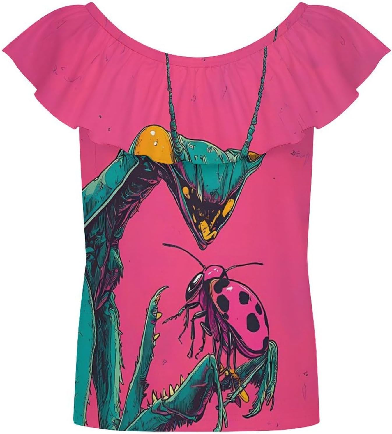 Praying Mantis Ladybugs Insect Girls T-Shirts Top Ruffle Short Sleeve Blouse Casual Graphic Tees