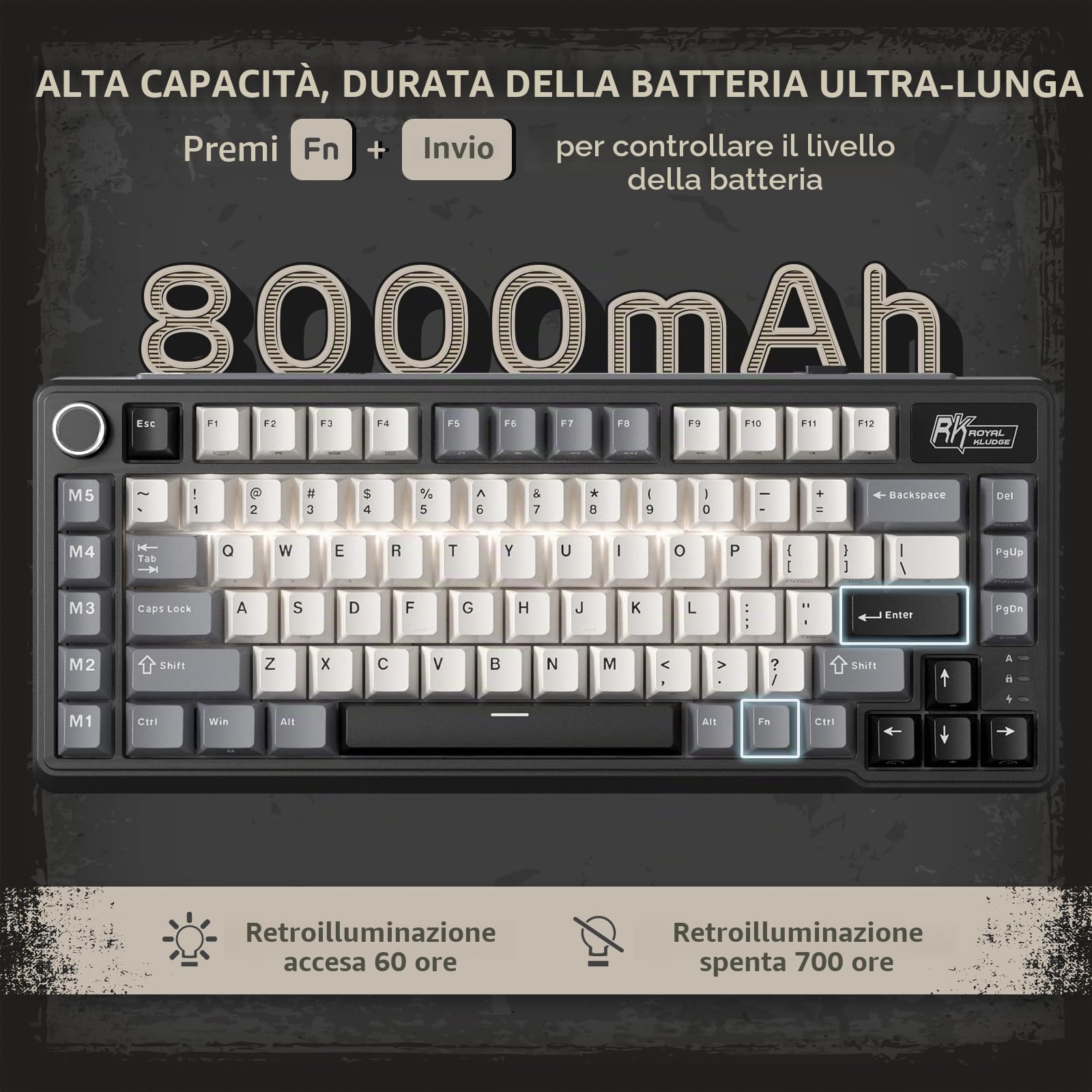 RK ROYAL KLUDGE Tastiera meccanica da gioco RGB con guarnizione wireless L75 w/manopola | Massive 8000mAh PBT Tastiera Meccanica w/Macro Tasti & Targhetta Touchable, Hot-Swap 75% TKL Wireless Keyboard BT/2.4G/USB-C