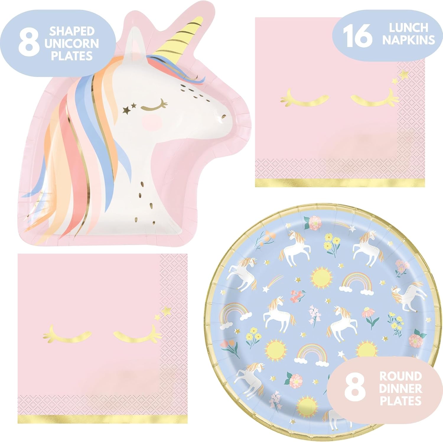 Dainty Unicorn Birthday Party Supplies – 8 Unicorn Shaped Plates, 8 Round Dinner Plates & 16 Napkins (Serves 16) – Whimsical Pastel Tableware Variety Pack for Girls