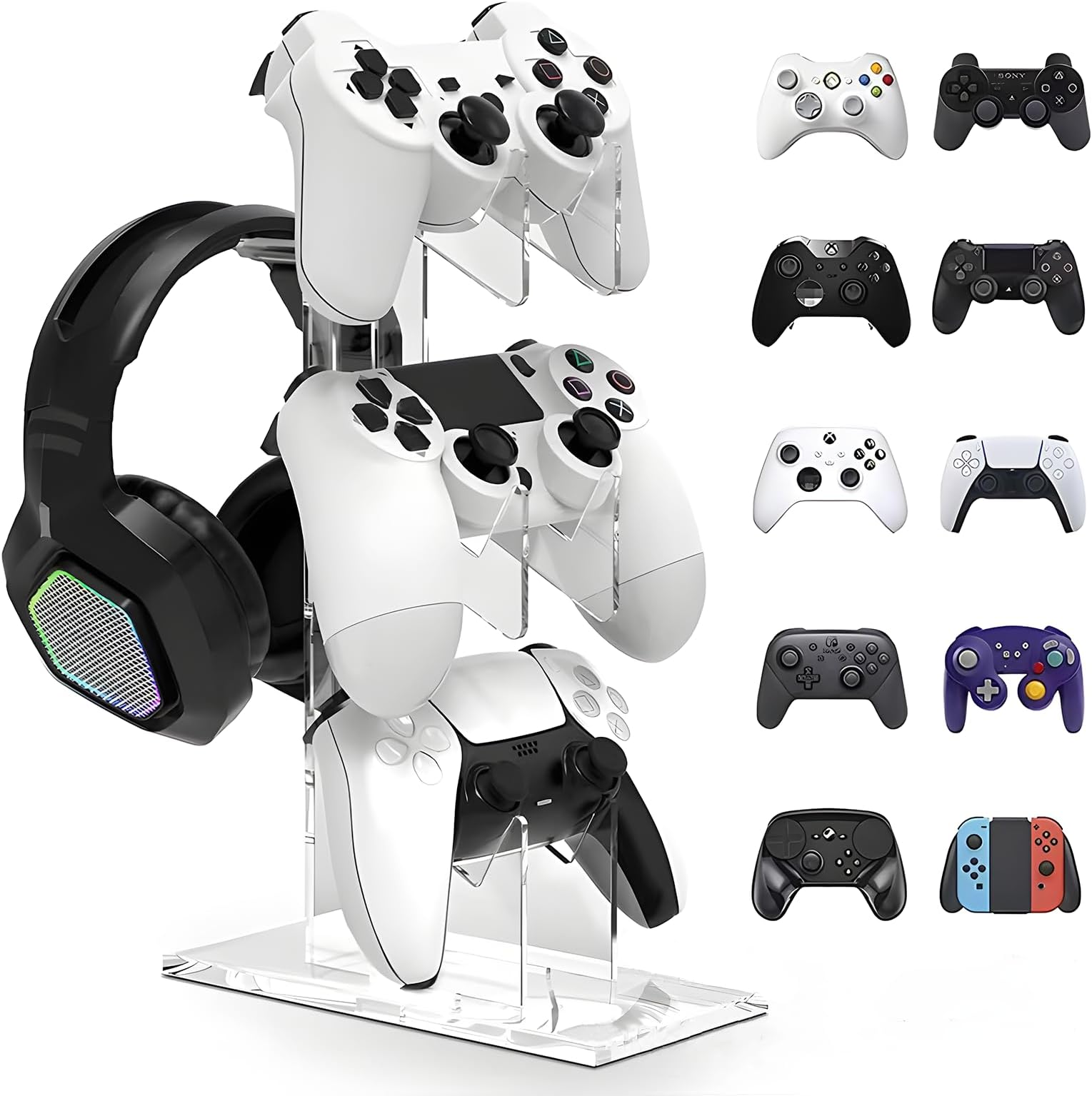 Universal 3 Tier Controller Holder and Headset Stand - Perfect Display and Organization for PS4 PS5 Xbox ONE Switch Gaming Accessories (Clear)
