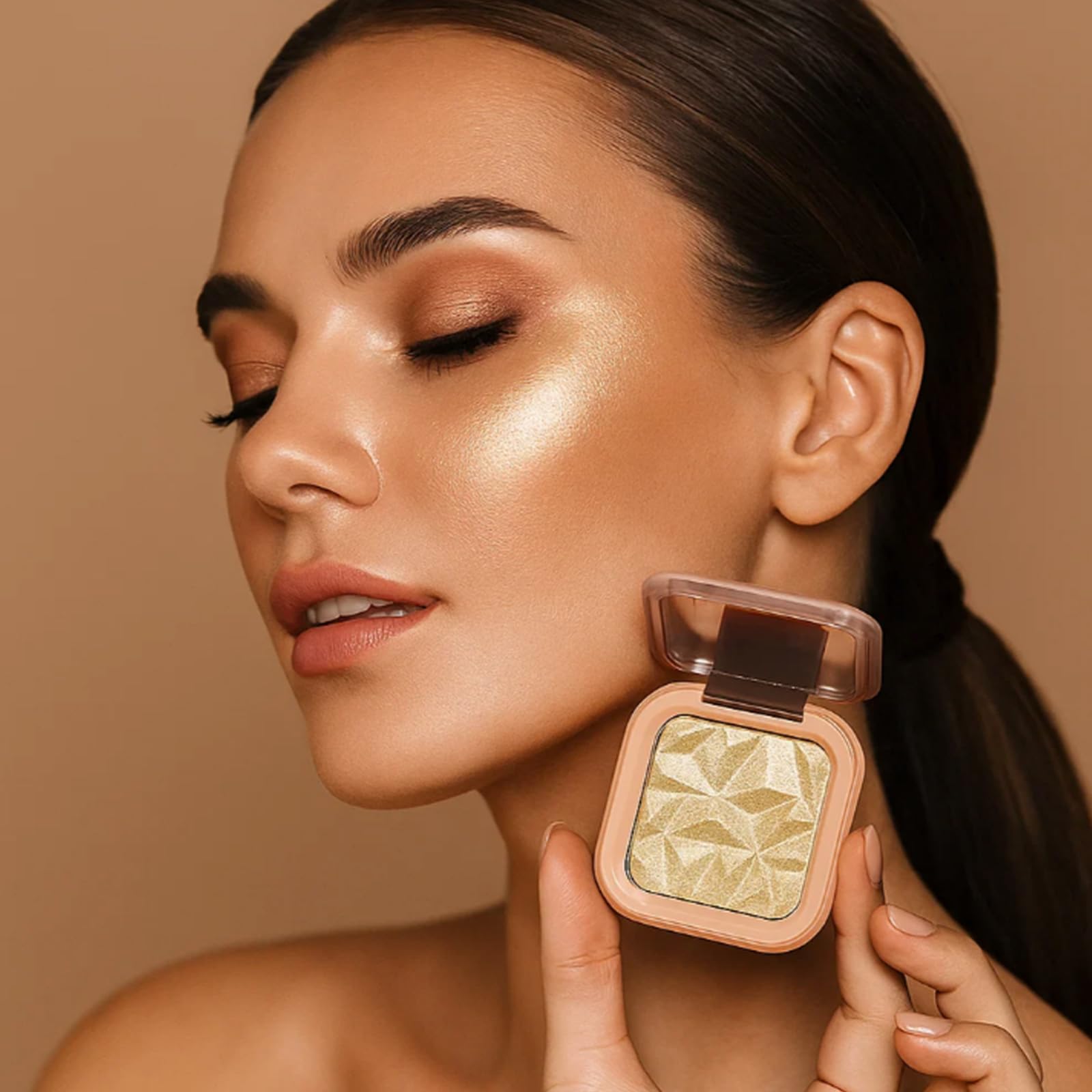 Champagne Gold Highlighter Palette With Brush For Face, Smooth Shimmer Powder for Contouring Highlighting Cheekbones - Image 2