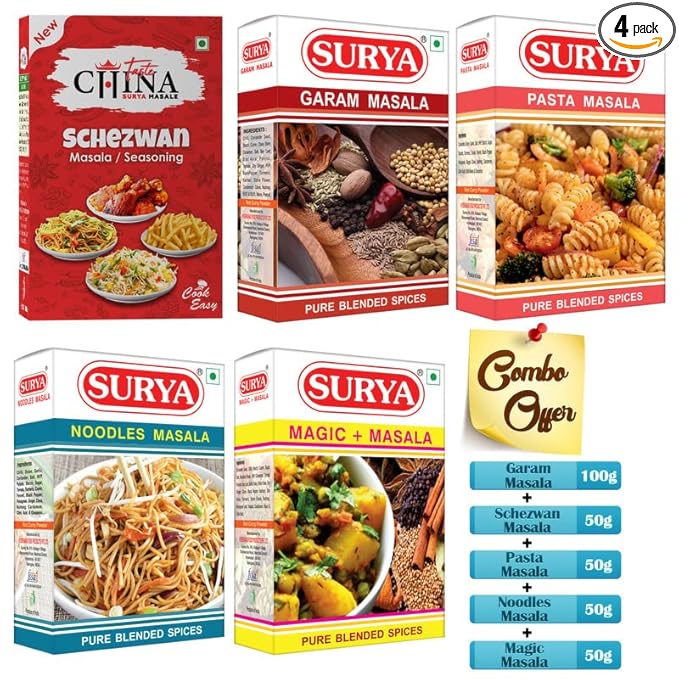 Masale combos - Garam Masala 100g + Schezwan Masala/Seasoning 50g + Pasta Masala 50g + Noodle masala 50g + Magic Masala 50g (Pack of 4)
