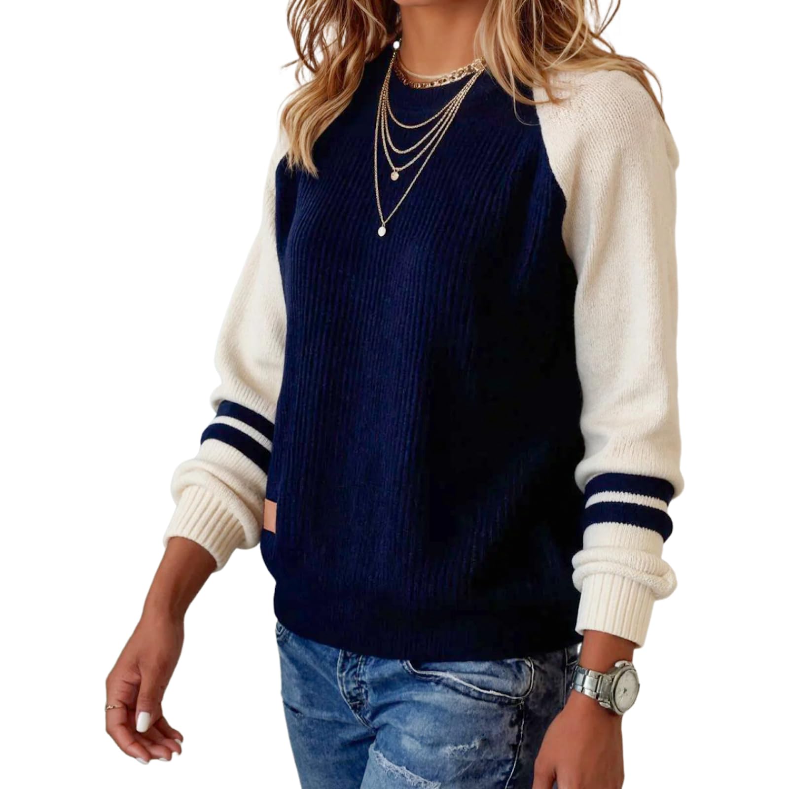 Womens Striped Crewneck Long Sleeve Pullover Sweater Color Block Tops 2025 Fall Fashion