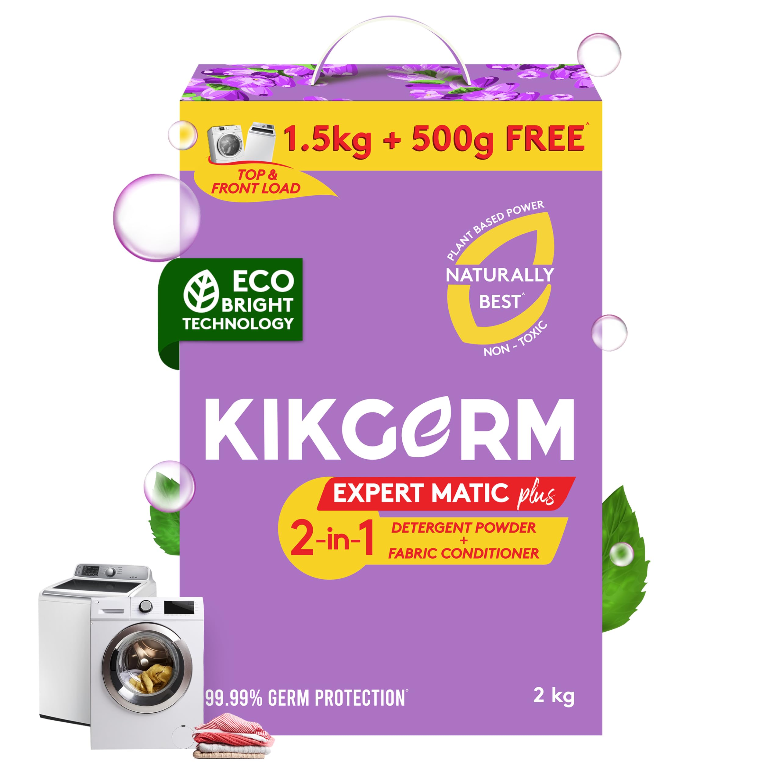 KIKGERM Top & Front Load Detergent Powder With Fabric Conditioner & Softener 2-in-1 For Tough Stain Removal White and Coloured Softer Clothes Plant Based No Harmful Chemicals - 2KG