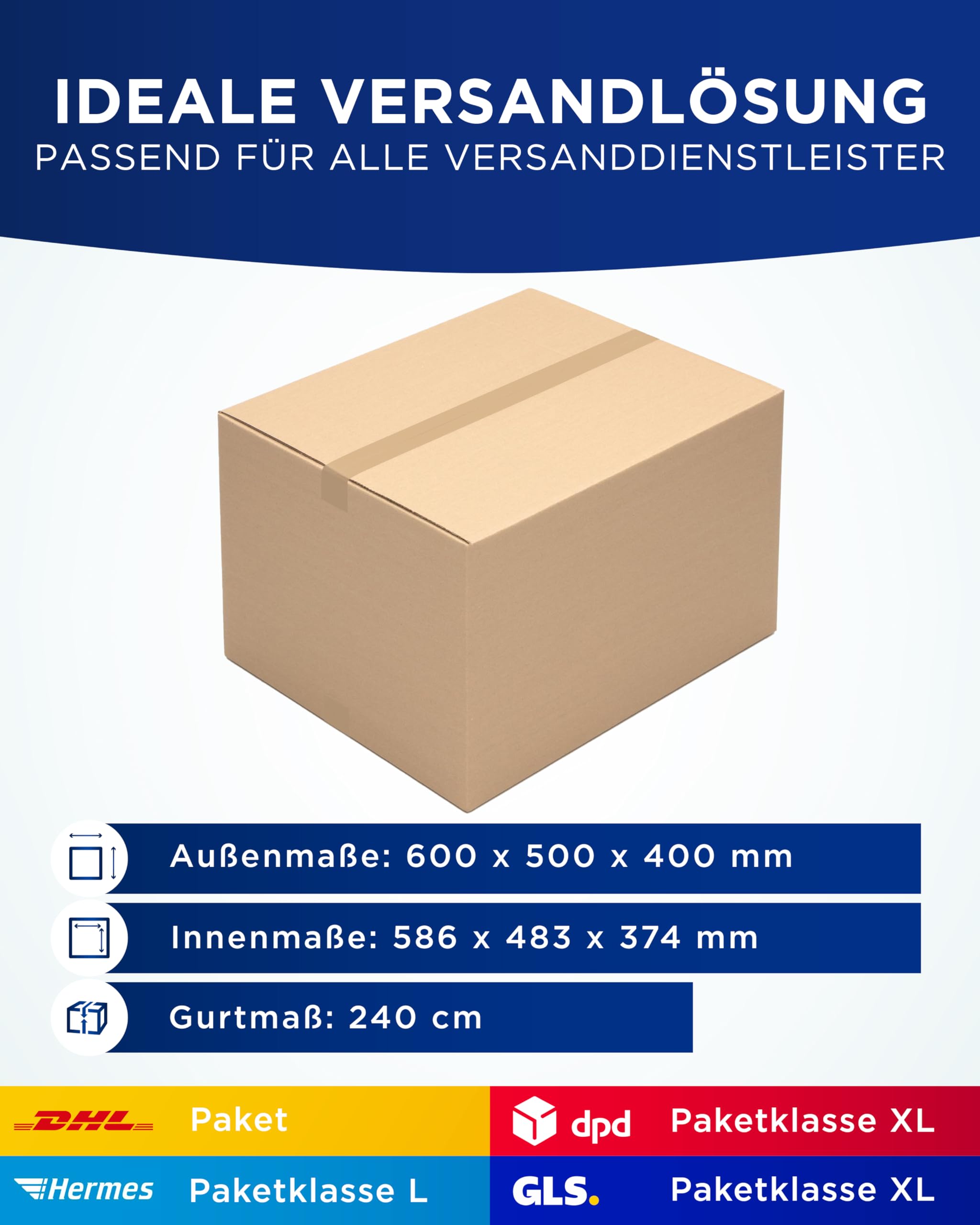 KK Verpackungen Versandkartons 600 x 500 x 400 mm Braun 2-wellig (Innenmaß 586 x 483 x 374 mm) | 10 Stück, Faltkartons Kartons für Versand als DHL Paket Hermes Paketklasse L DPD GLS Paketklasse XL