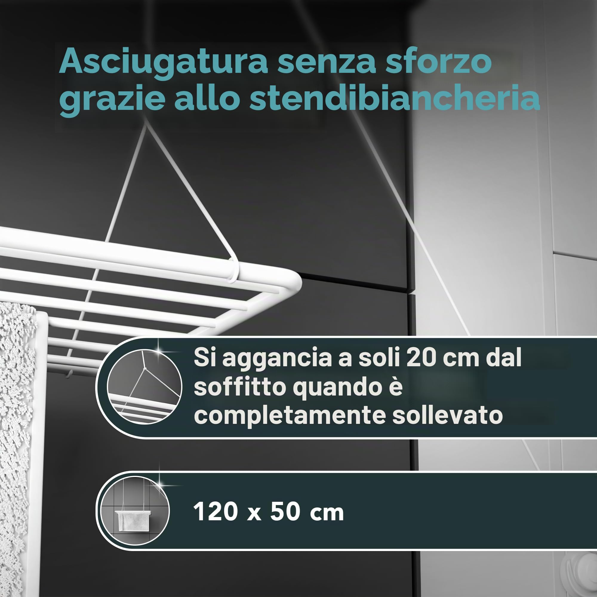 Erica Eric Stendibiancheria da soffitto 120x50cm, 9.6m di superficie asciugante, 2.5m Mini Stendino da soffitto pieghevole, Metallo con rivestimento in plastica senza PVC, Stendino bianco