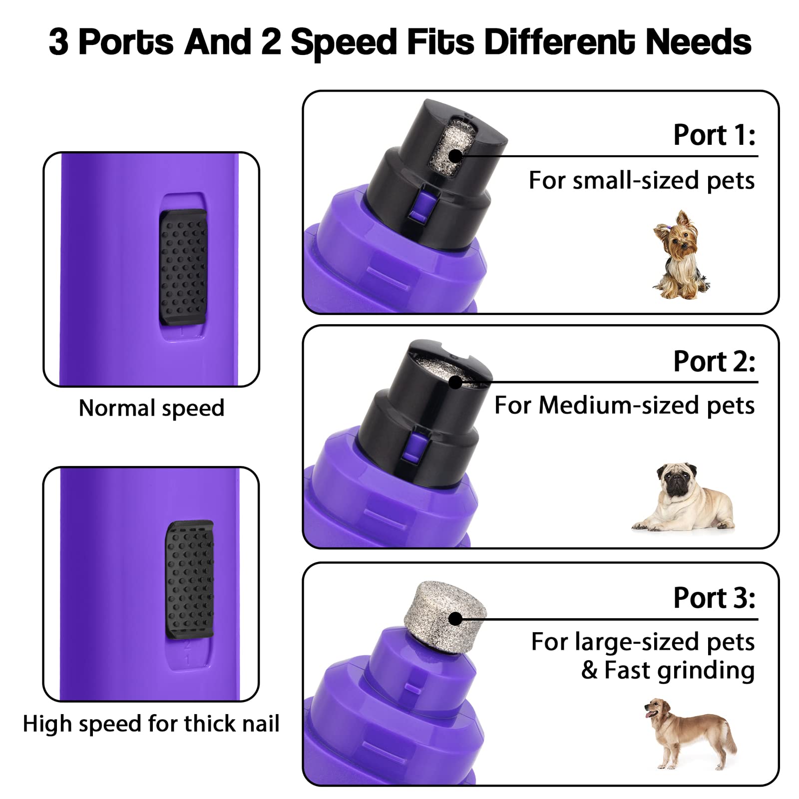 Casfuy Lima de Uñas Eléctrica para Perros Actualizado - Cortador de uñas Eléctrico Recargable de 2 Velocidades para Mascotas, Cuidado y Alisado de Patas para Perros y Gatos de Todos los Tamaños
