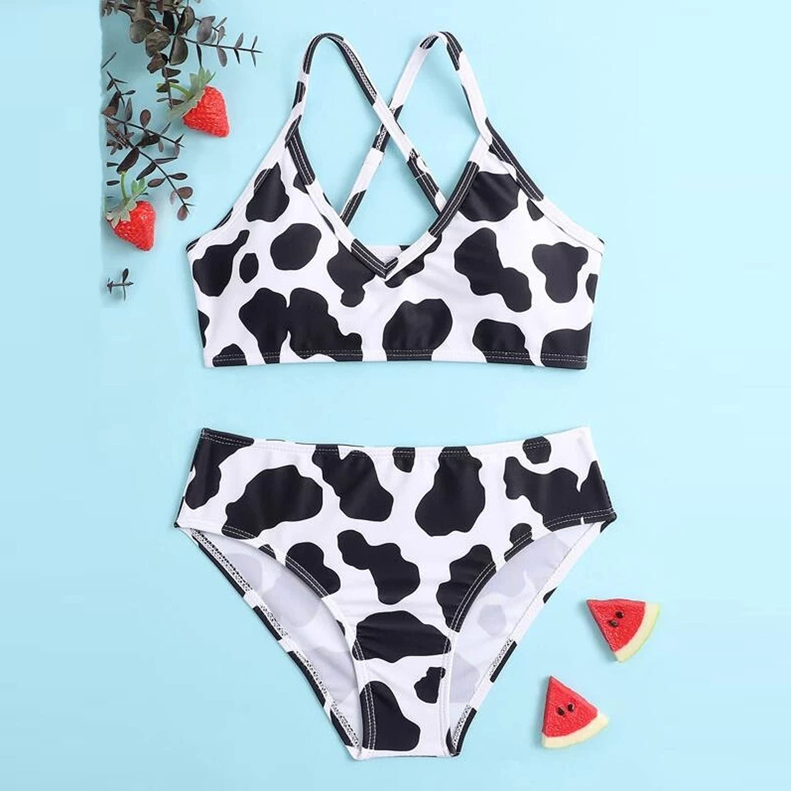 Generisch Traje de baño tankini para niñas con estampado floral de verano cruzado a través de la parte posterior lindo estampado niña vaca traje de baño de dos piezas