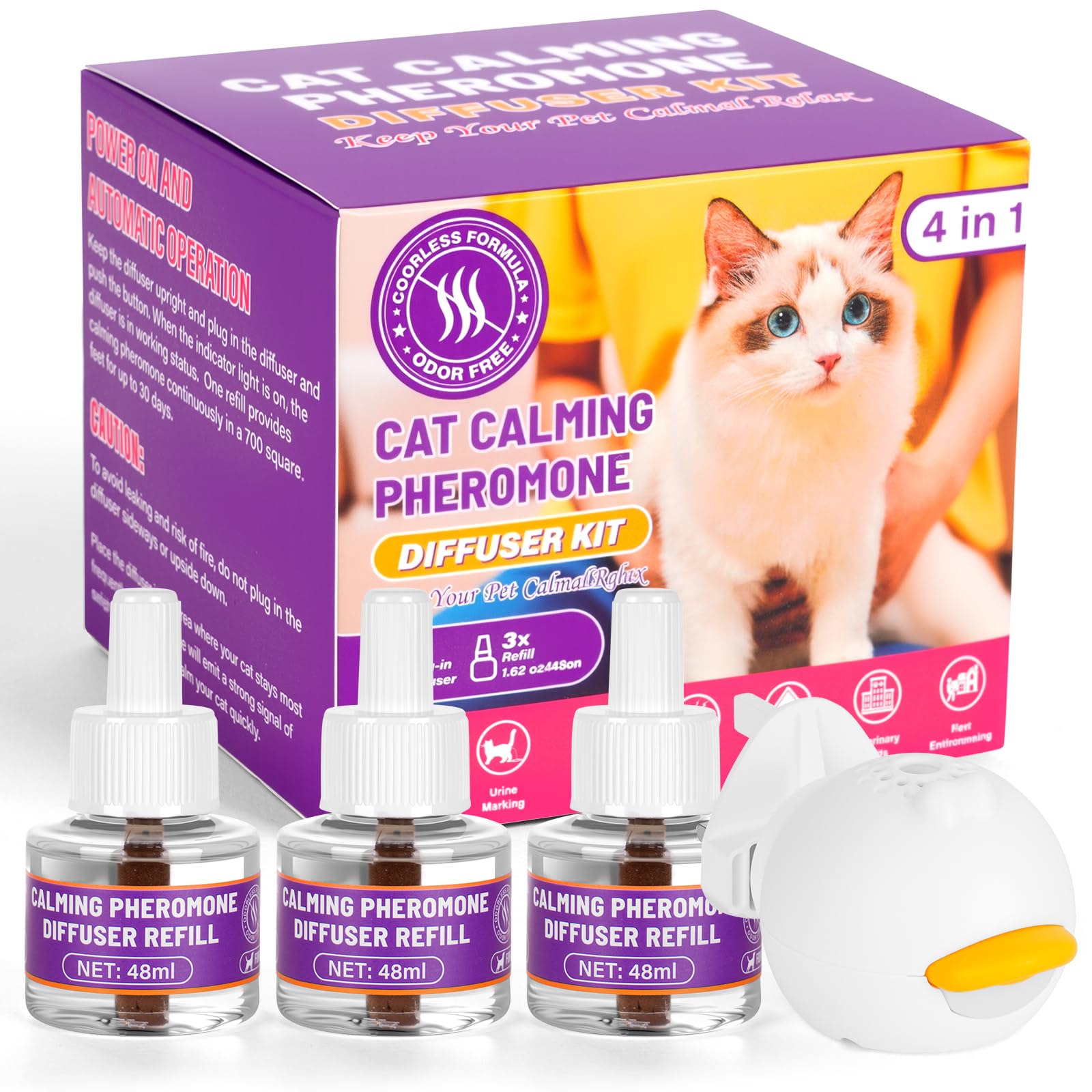 OSDUE Cat Calming Plug In, 4-IN-1 Pheromone Diffuser for Cats Relaxation, Anxiety Relief & Stress Relief, Calming Plug-in Kit for Cat with 1 Diffuser + 3 Refill, 90 Days