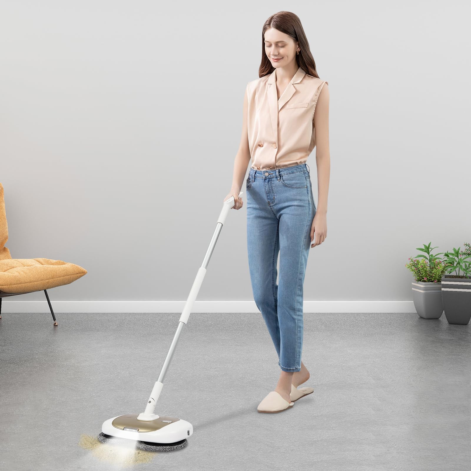 Lavapavimenti elettrico senza fili, pulitore per pavimenti Spin Mop, serbatoio dell'acqua da 400 ml, illuminazione a LED con funzione spray, per pulire e lucidare (oro)