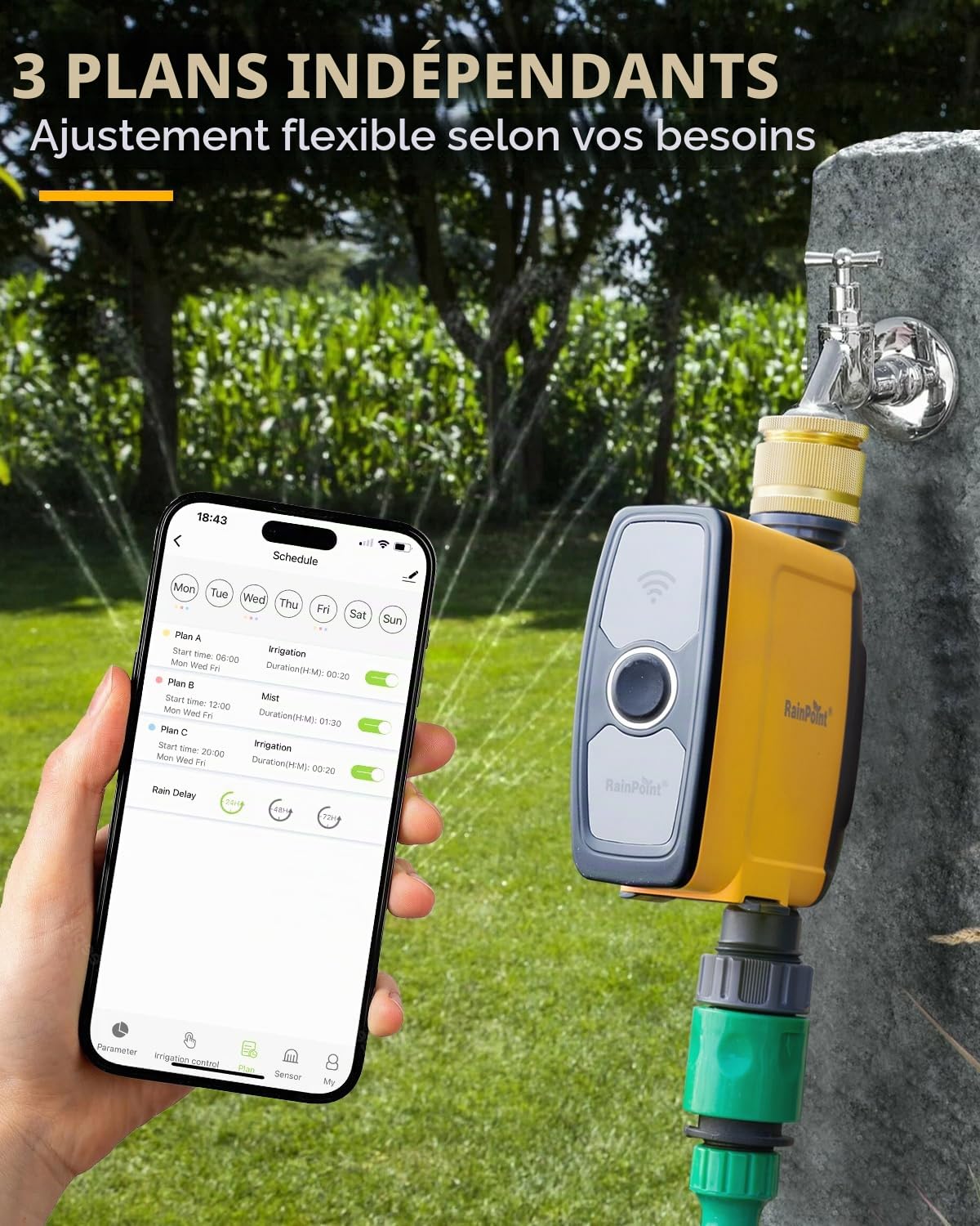RAINPOINT Programmateur Arrosage WiFi 2,4 GHz, Entrée en Laiton, Minuteur Arrosage Automatique avec App/Commande Vocale, Irrigation Basée sur la Météo/L'humidité du Sol pour Jardin, Pelouse, Serre
