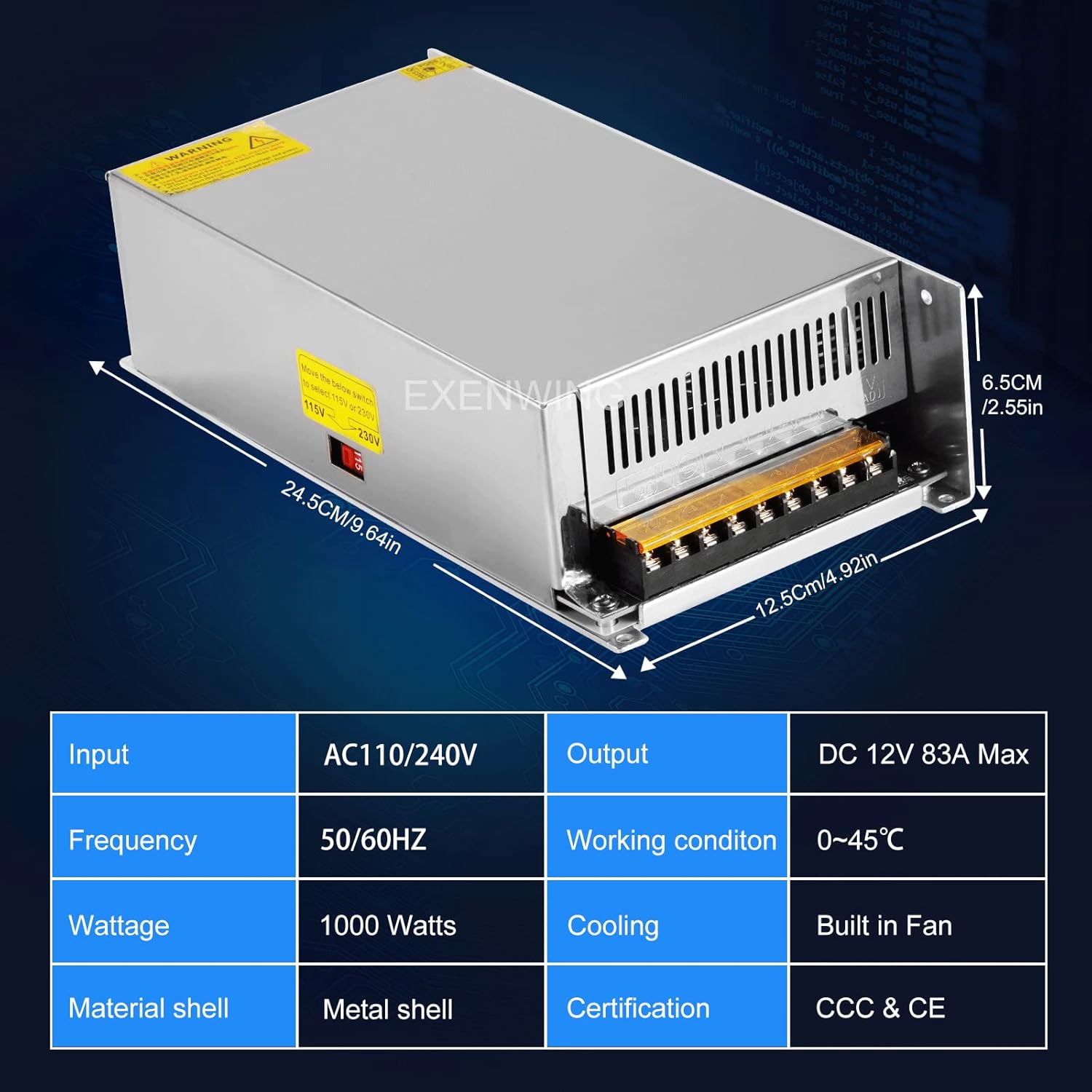 Switching Power Supply Adapter DC 12V 83Amp 1000Watt SMPS AC 110V / 220V to DC 12Volt Universal Voltage Regulated Transformer Converter LED Driver for LED Strip Lights 3D Printer CCTV Camera